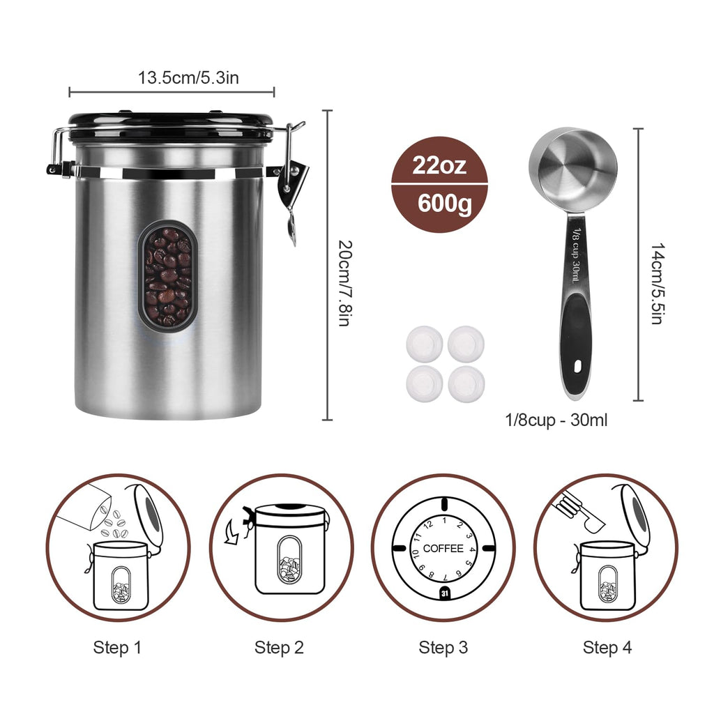 1800ML Airtight Coffee Canister with Date Tracker Transparent Window, 22.8OZ Coffe Beans Storage with 30ML Measure Spoon&4 co2 Valve, Kitchen Food Storage Container for Grounds Coffee,Beans&Tea(Black)