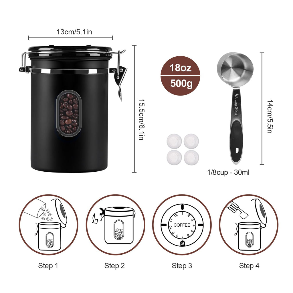 1800ML Airtight Coffee Canister with Date Tracker Transparent Window, 22.8OZ Coffe Beans Storage with 30ML Measure Spoon&4 co2 Valve, Kitchen Food Storage Container for Grounds Coffee,Beans&Tea(Black)