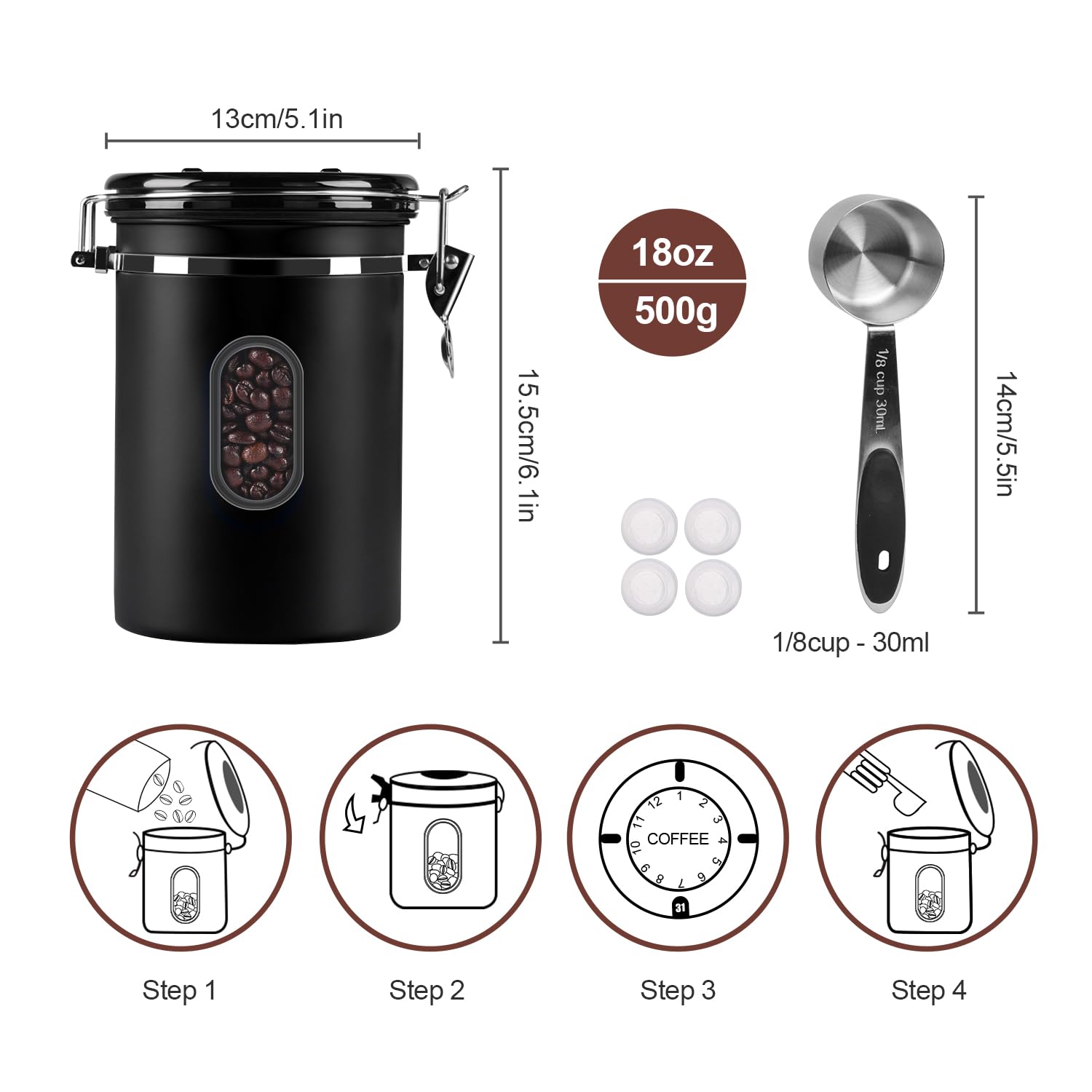 1800ML Airtight Coffee Canister with Date Tracker Transparent Window, 22.8OZ Coffe Beans Storage with 30ML Measure Spoon&4 co2 Valve, Kitchen Food Storage Container for Grounds Coffee,Beans&Tea(Black)