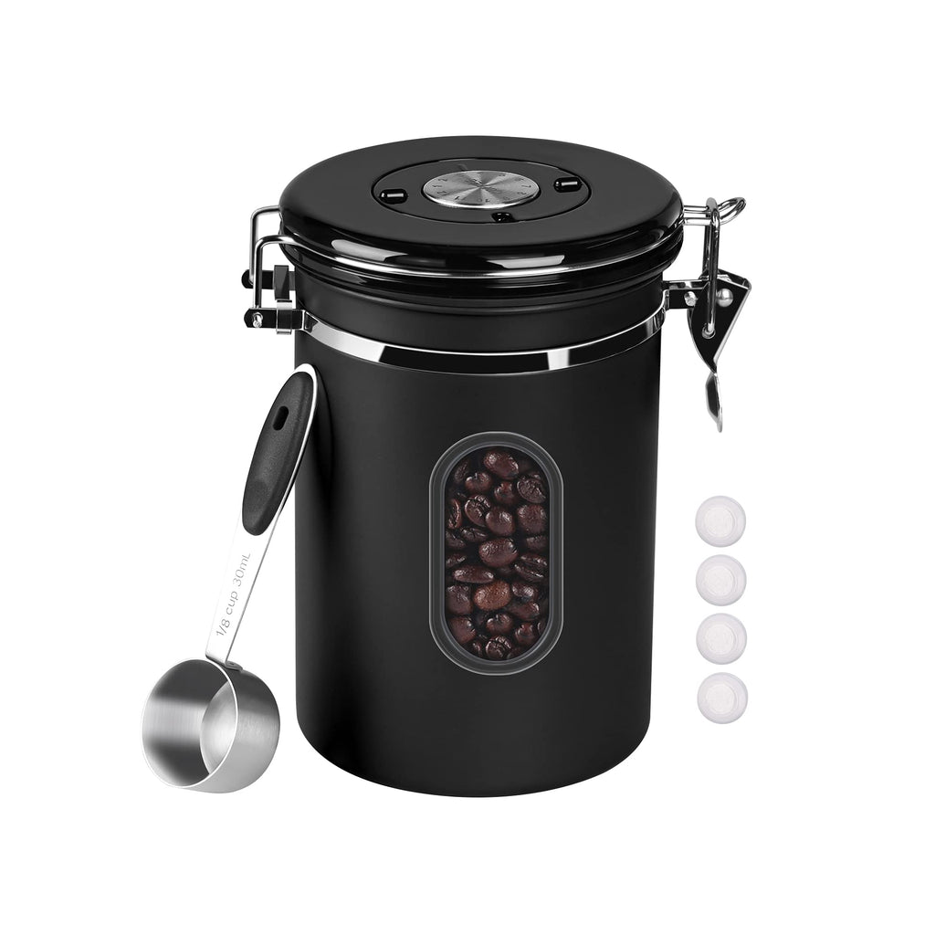 1800ML Airtight Coffee Canister with Date Tracker Transparent Window, 22.8OZ Coffe Beans Storage with 30ML Measure Spoon&4 co2 Valve, Kitchen Food Storage Container for Grounds Coffee,Beans&Tea(Black)