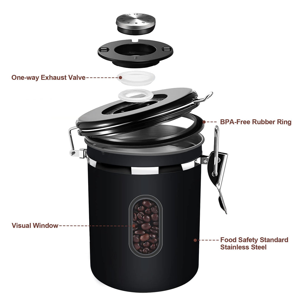 1800ML Airtight Coffee Canister with Date Tracker Transparent Window, 22.8OZ Coffe Beans Storage with 30ML Measure Spoon&4 co2 Valve, Kitchen Food Storage Container for Grounds Coffee,Beans&Tea(Black)