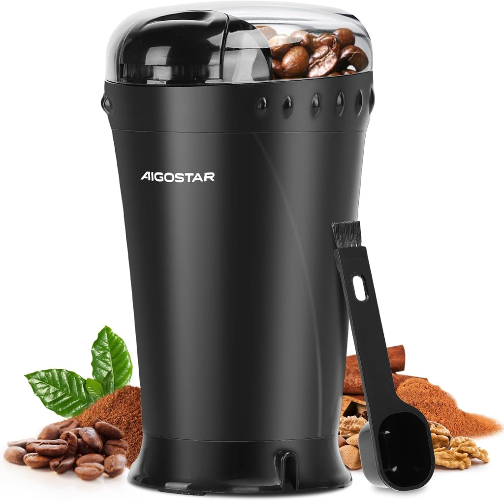 Aigostar Electric Coffee Grinder, Stainless Steel Blade, 200W, 60g Capacity, Cord Storage, Portable & Compact for Coffee Beans, Spice, Nuts, Seeds, Herbs, Black - Breath 30KYI.