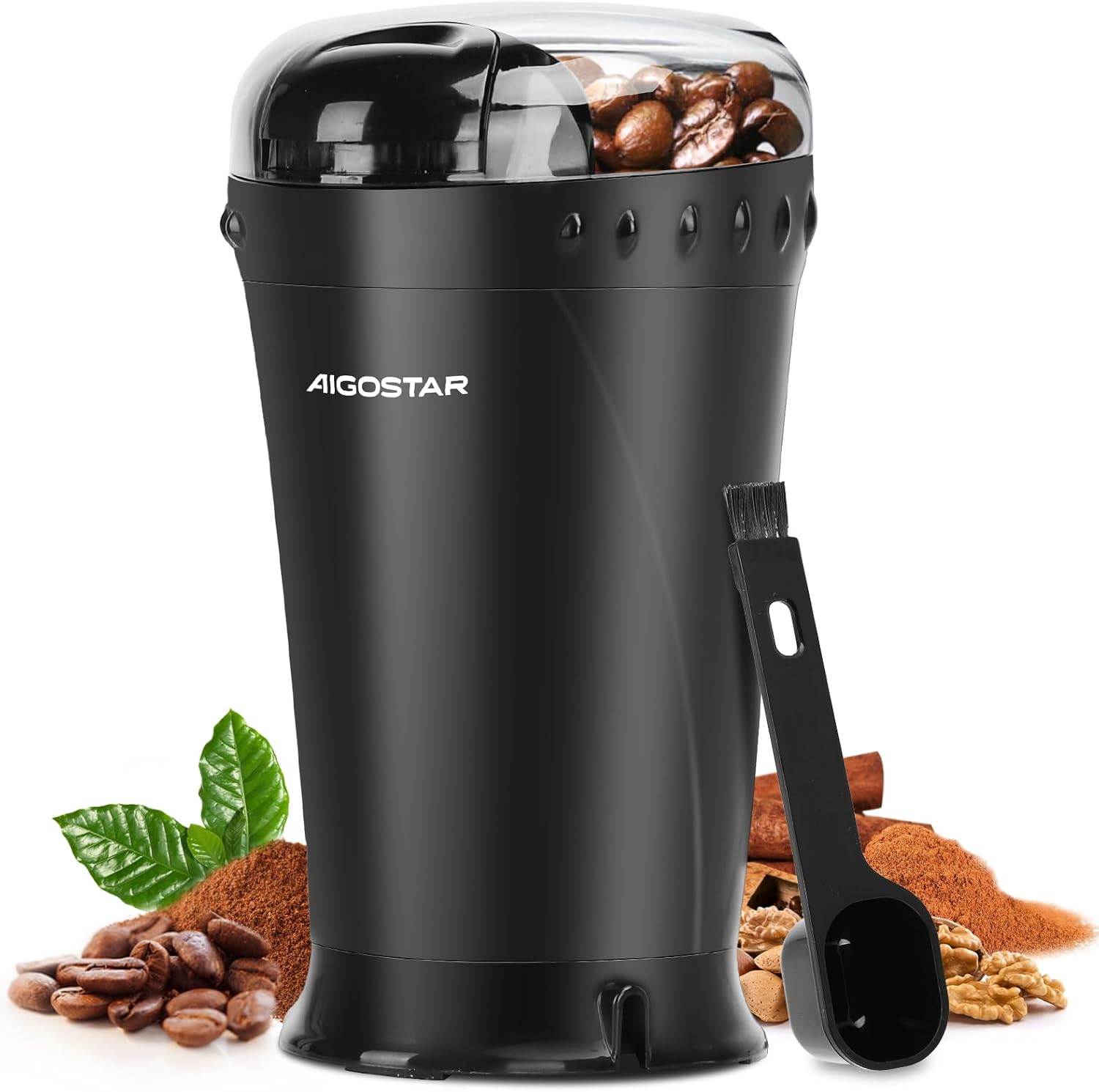 Aigostar Electric Coffee Grinder, Stainless Steel Blade, 200W, 60g Capacity, Cord Storage, Portable & Compact for Coffee Beans, Spice, Nuts, Seeds, Herbs, Black - Breath 30KYI.