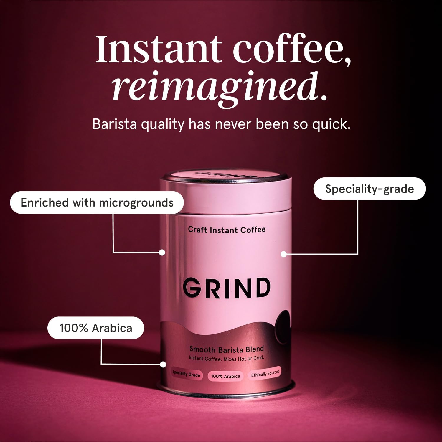 Grind Specialty Grade Instant Coffee – Pack of 6 – 100% Arabica – Medium Roast – Sustainably Sourced – 216 Cups