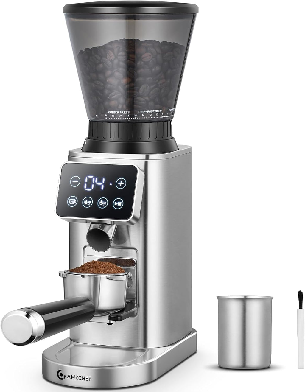 AMZCHEF Electric-Coffee-Grinder, Burr Coffee Grinder with 45 Precise Grind Settings, Adjustable Portafilter Holder & LED Touchscreen - Anti-Static, Memory Function, Easy Clean