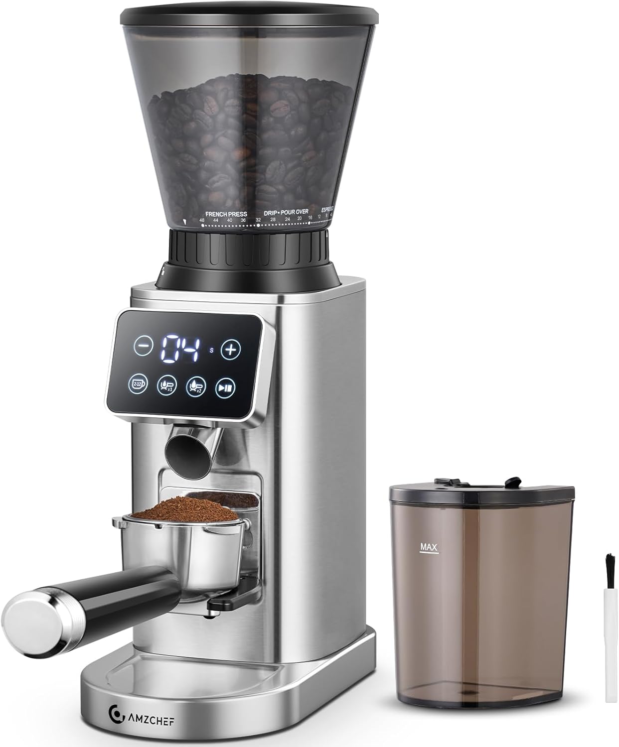 AMZCHEF Electric-Coffee-Grinder, Burr Coffee Grinder with 45 Precise Grind Settings, Adjustable Portafilter Holder & LED Touchscreen - Anti-Static, Memory Function, Easy Clean