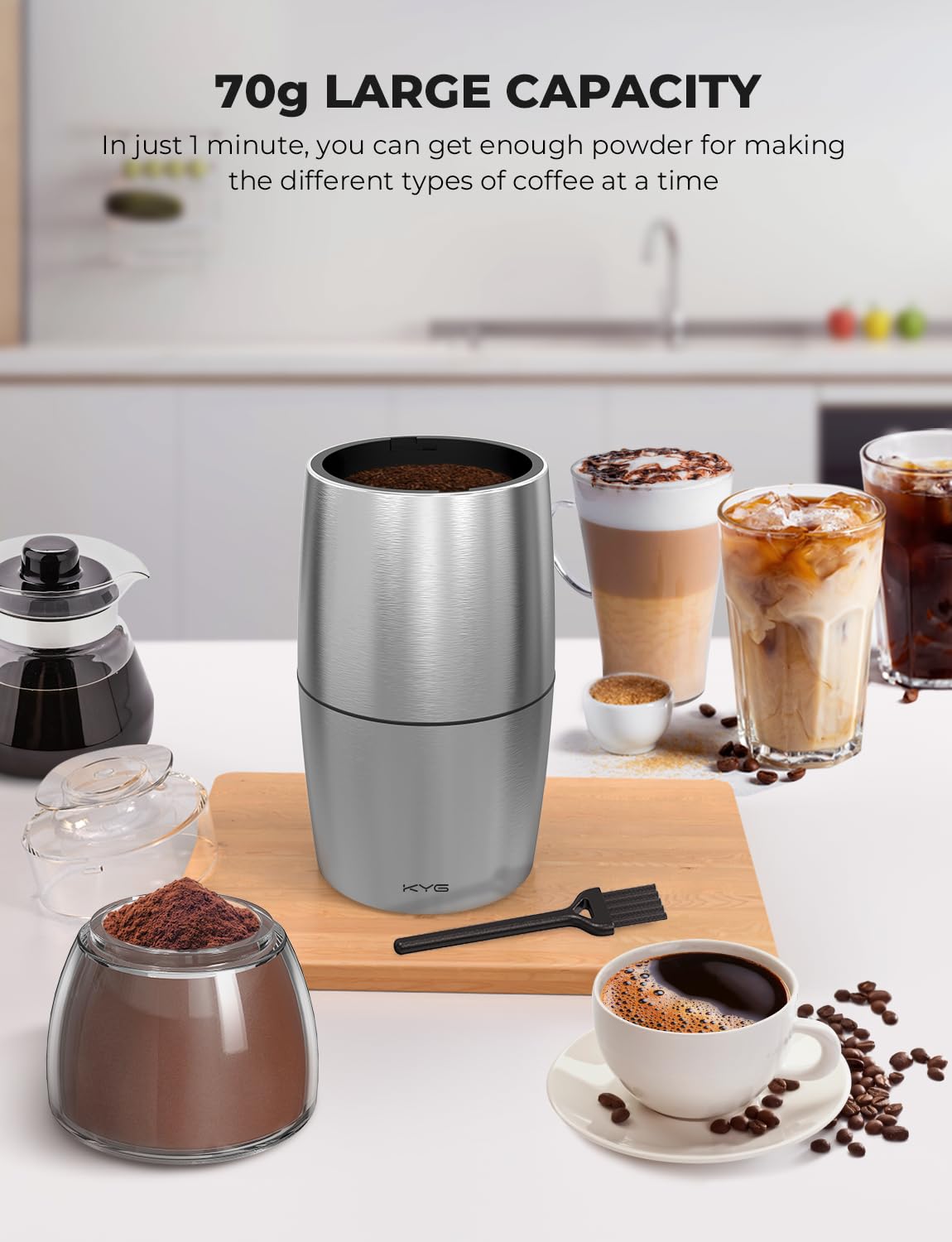 KYG Electric Coffee Grinder 300 W Motor 70 g Capacity Grinders Safety Lock with 304 Stainless Steel Blades Grinder Low Noise 45 dB for Nuts, Spices, etc