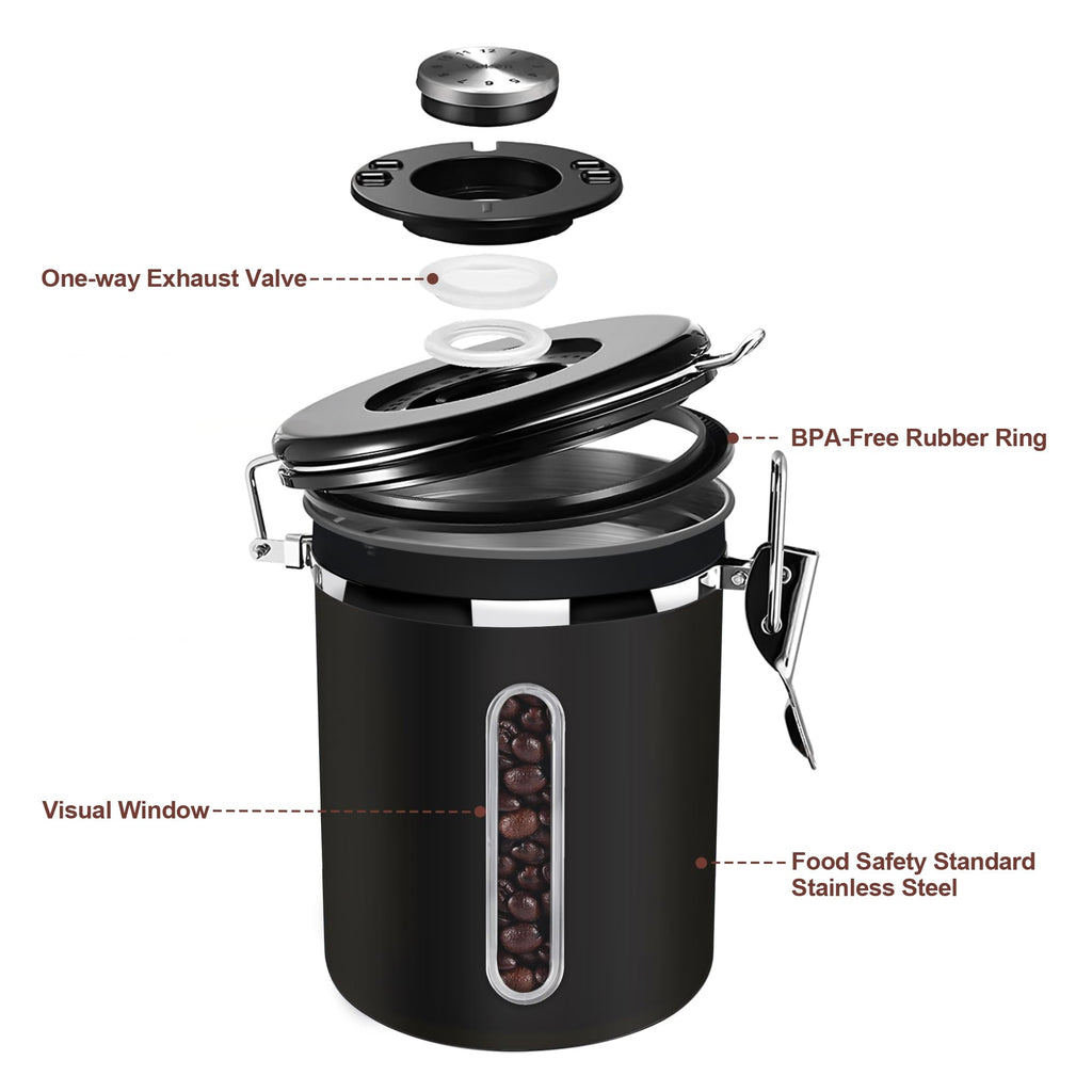 1800ML Airtight Coffee Canister with Date Tracker Transparent Window, 22.8OZ Coffe Beans Storage with 30ML Measure Spoon&4 co2 Valve, Kitchen Food Storage Container for Grounds Coffee,Beans&Tea(Black)