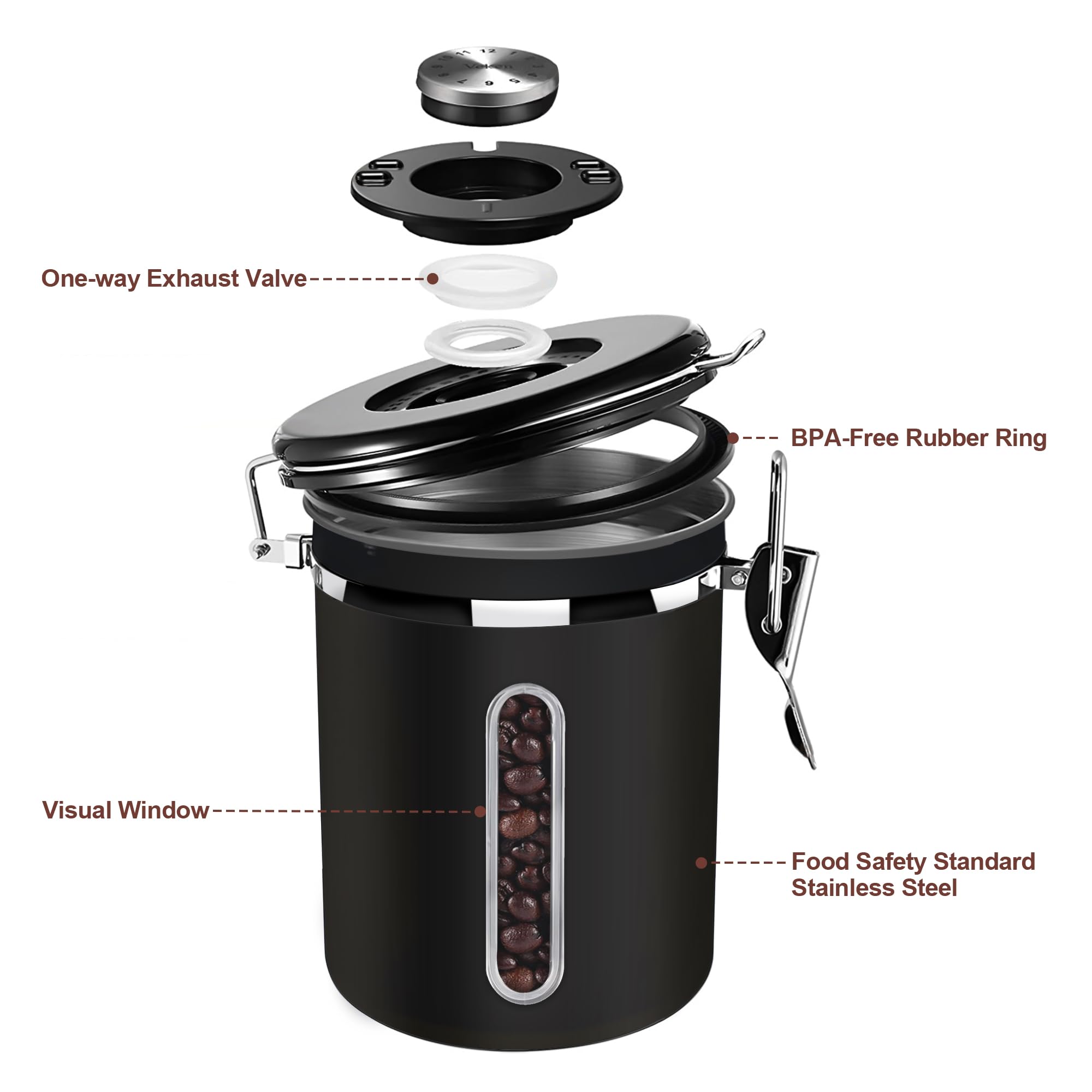 1800ML Airtight Coffee Canister with Date Tracker Transparent Window, 22.8OZ Coffe Beans Storage with 30ML Measure Spoon&4 co2 Valve, Kitchen Food Storage Container for Grounds Coffee,Beans&Tea(Black)