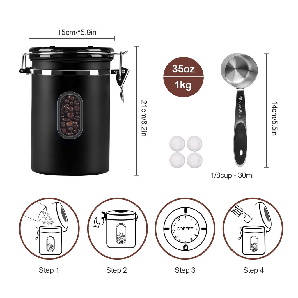 1800ML Airtight Coffee Canister with Date Tracker Transparent Window, 22.8OZ Coffe Beans Storage with 30ML Measure Spoon&4 co2 Valve, Kitchen Food Storage Container for Grounds Coffee,Beans&Tea(Black)