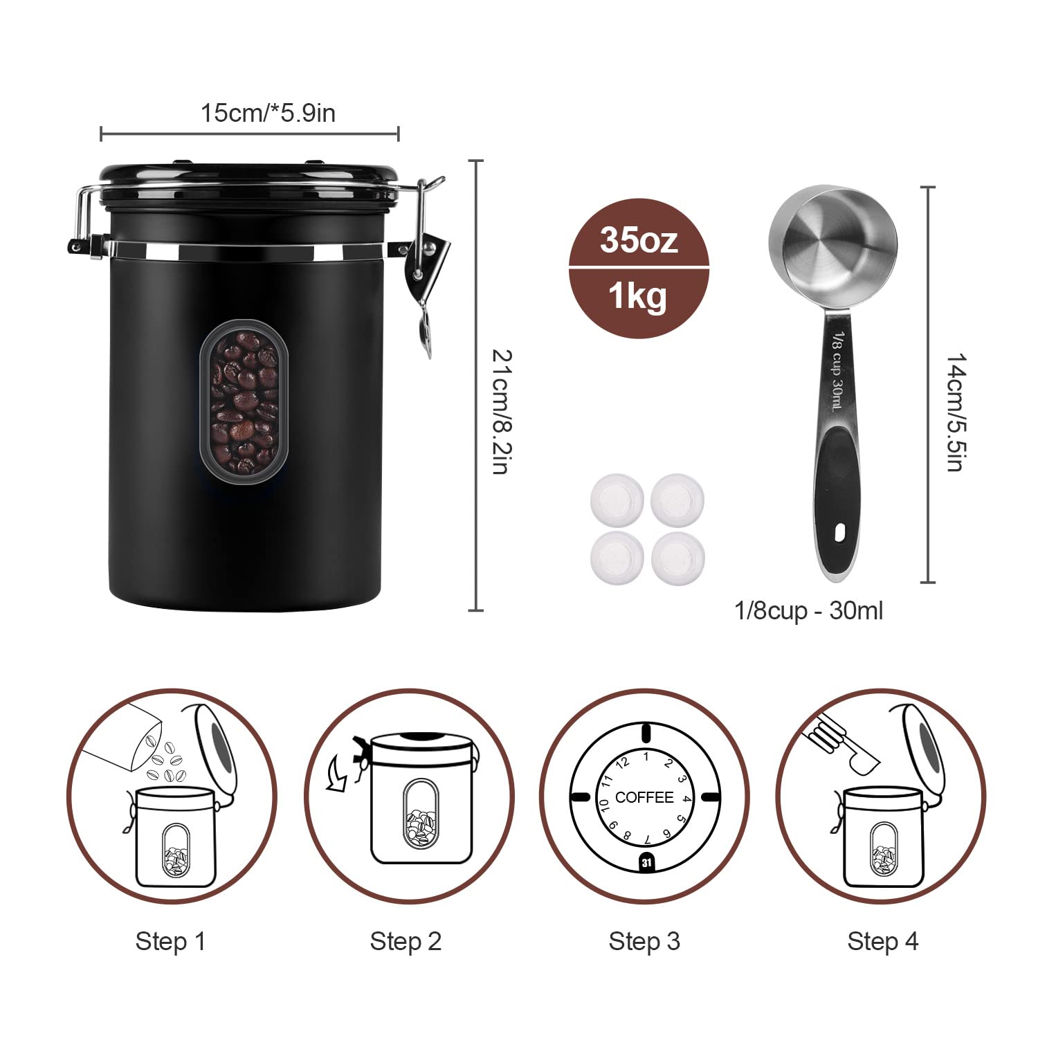 1800ML Airtight Coffee Canister with Date Tracker Transparent Window, 22.8OZ Coffe Beans Storage with 30ML Measure Spoon&4 co2 Valve, Kitchen Food Storage Container for Grounds Coffee,Beans&Tea(Black)