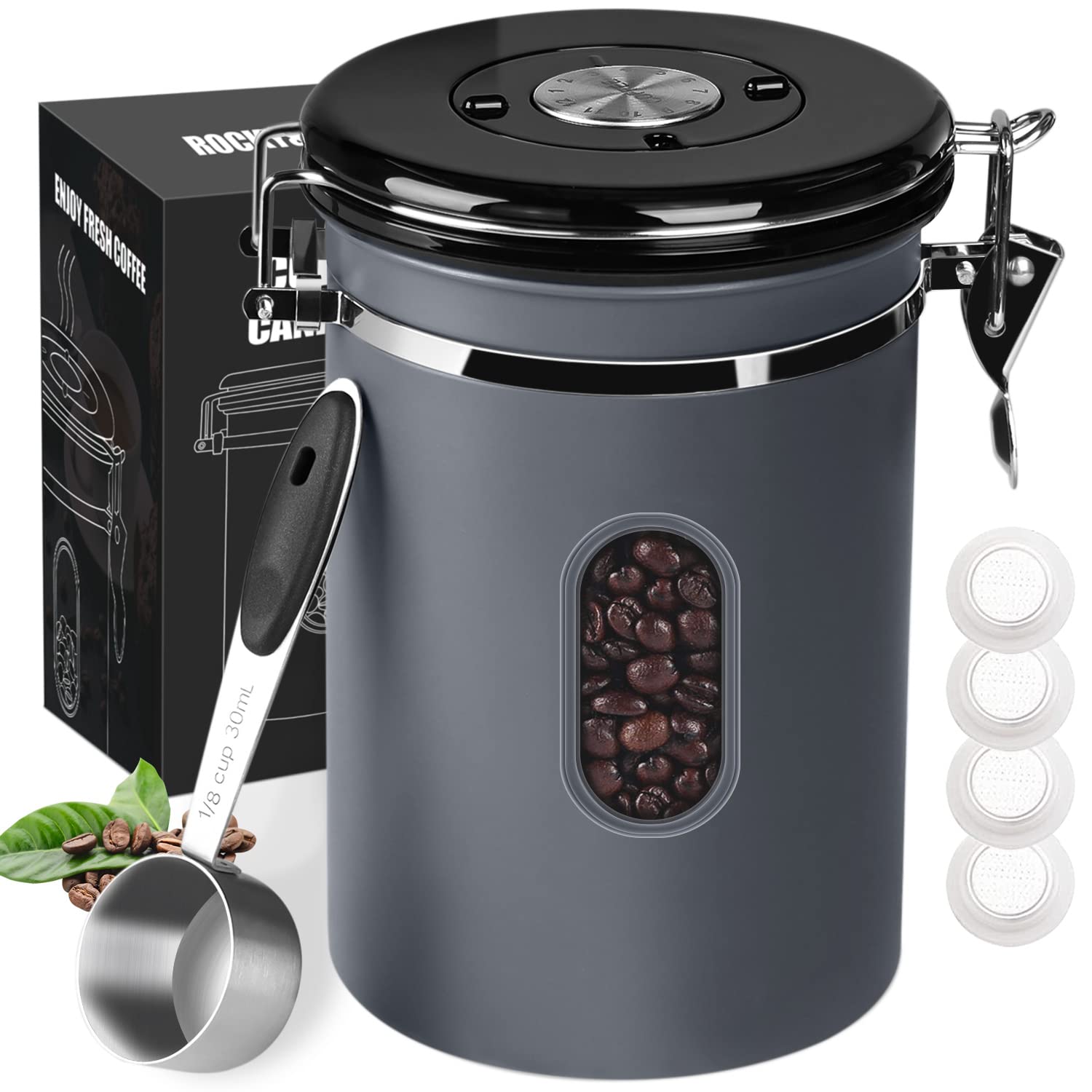 1800ML Airtight Coffee Canister with Date Tracker Transparent Window, 22.8OZ Coffe Beans Storage with 30ML Measure Spoon&4 co2 Valve, Kitchen Food Storage Container for Grounds Coffee,Beans&Tea(Black)
