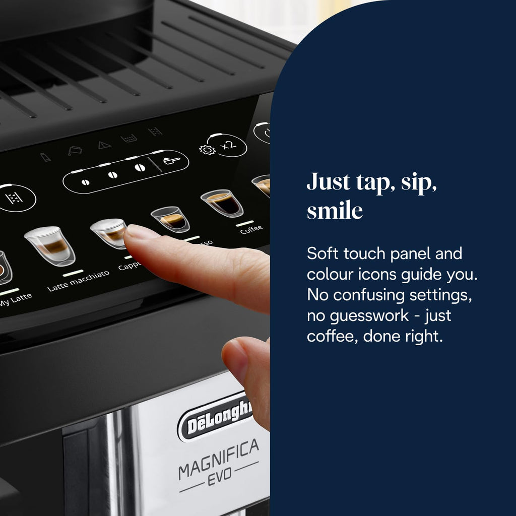 De'Longhi Magnifica Evo Next ECAM312.80.TB, Automatic Coffee Machine With Automatic Milk Frother, Bean To Cup Coffee and Cappuccino Machine with Intuitive Touch Display, Black/Titanium