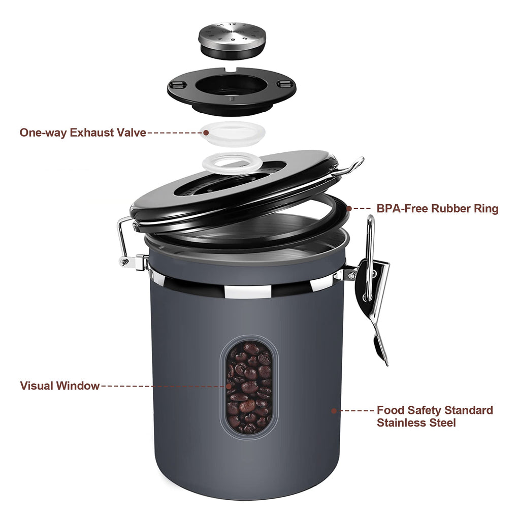 1800ML Airtight Coffee Canister with Date Tracker Transparent Window, 22.8OZ Coffe Beans Storage with 30ML Measure Spoon&4 co2 Valve, Kitchen Food Storage Container for Grounds Coffee,Beans&Tea(Black)