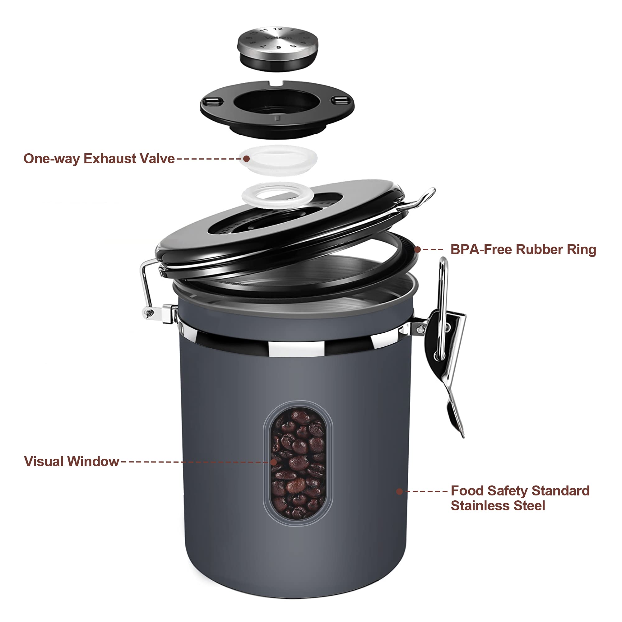 1800ML Airtight Coffee Canister with Date Tracker Transparent Window, 22.8OZ Coffe Beans Storage with 30ML Measure Spoon&4 co2 Valve, Kitchen Food Storage Container for Grounds Coffee,Beans&Tea(Black)