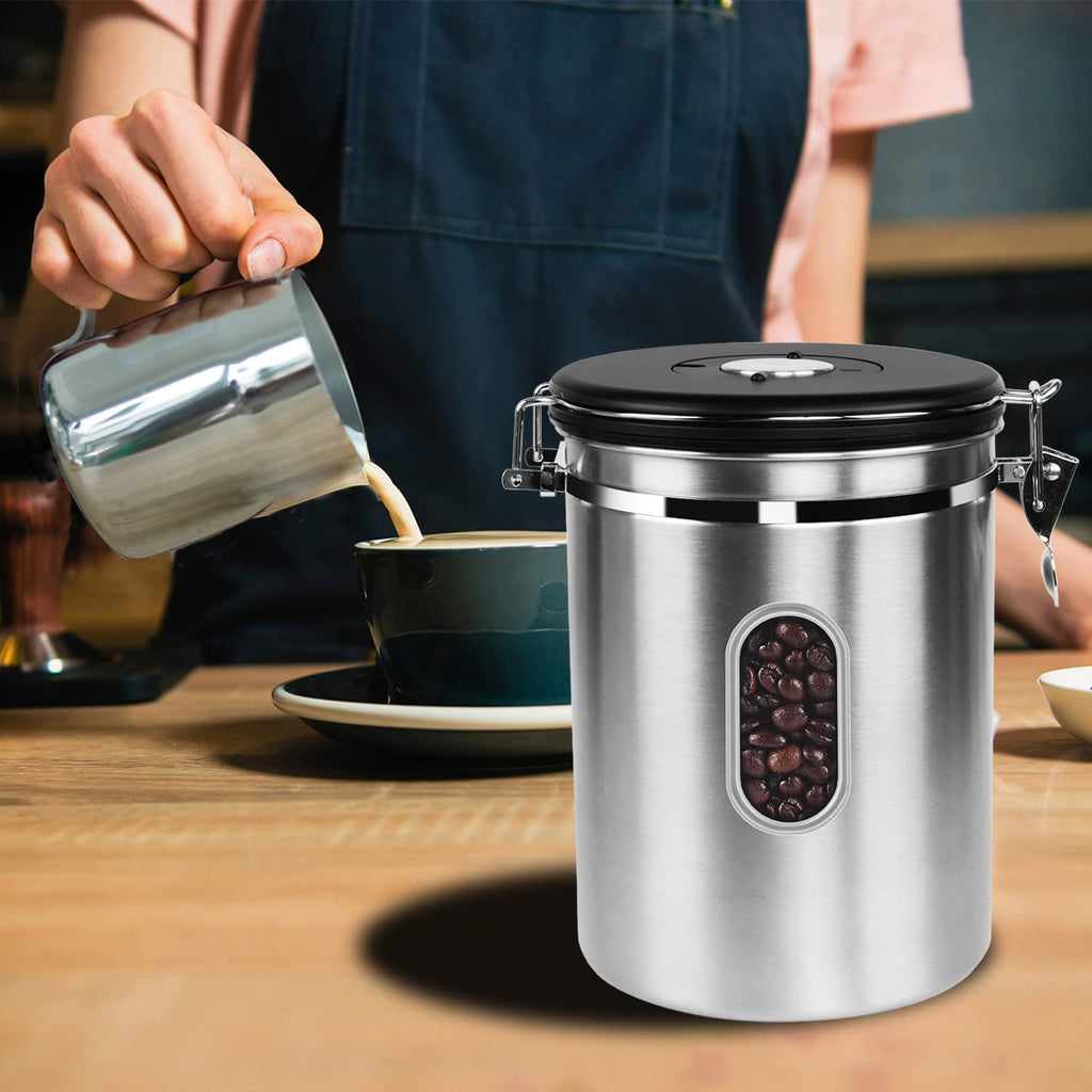 1800ML Airtight Coffee Canister with Date Tracker Transparent Window, 22.8OZ Coffe Beans Storage with 30ML Measure Spoon&4 co2 Valve, Kitchen Food Storage Container for Grounds Coffee,Beans&Tea(Black)