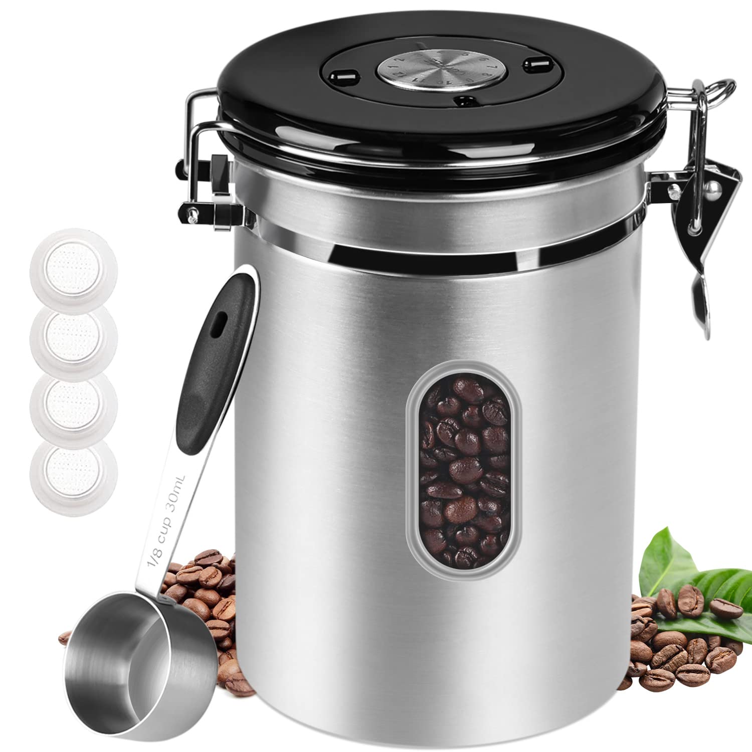 1800ML Airtight Coffee Canister with Date Tracker Transparent Window, 22.8OZ Coffe Beans Storage with 30ML Measure Spoon&4 co2 Valve, Kitchen Food Storage Container for Grounds Coffee,Beans&Tea(Black)