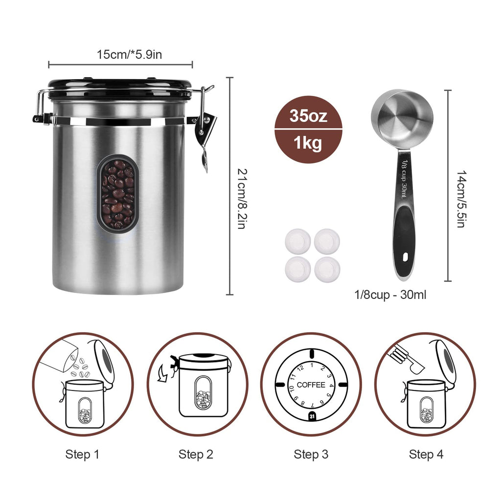 1800ML Airtight Coffee Canister with Date Tracker Transparent Window, 22.8OZ Coffe Beans Storage with 30ML Measure Spoon&4 co2 Valve, Kitchen Food Storage Container for Grounds Coffee,Beans&Tea(Black)