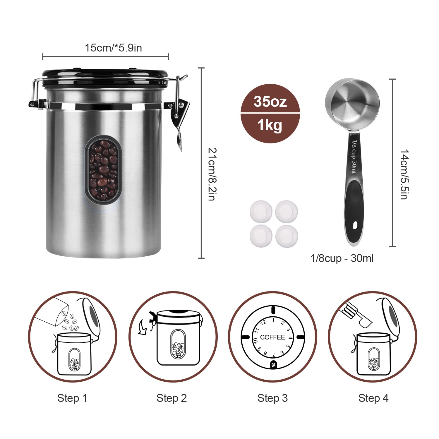 1800ML Airtight Coffee Canister with Date Tracker Transparent Window, 22.8OZ Coffe Beans Storage with 30ML Measure Spoon&4 co2 Valve, Kitchen Food Storage Container for Grounds Coffee,Beans&Tea(Black)