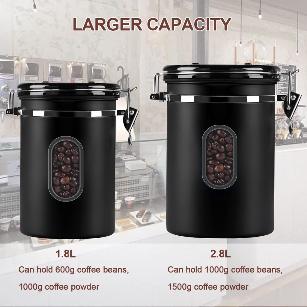 1800ML Airtight Coffee Canister with Date Tracker Transparent Window, 22.8OZ Coffe Beans Storage with 30ML Measure Spoon&4 co2 Valve, Kitchen Food Storage Container for Grounds Coffee,Beans&Tea(Black)
