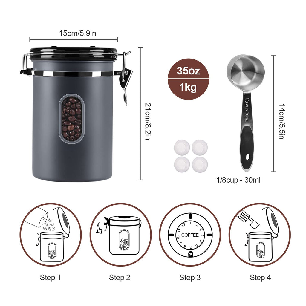 1800ML Airtight Coffee Canister with Date Tracker Transparent Window, 22.8OZ Coffe Beans Storage with 30ML Measure Spoon&4 co2 Valve, Kitchen Food Storage Container for Grounds Coffee,Beans&Tea(Black)