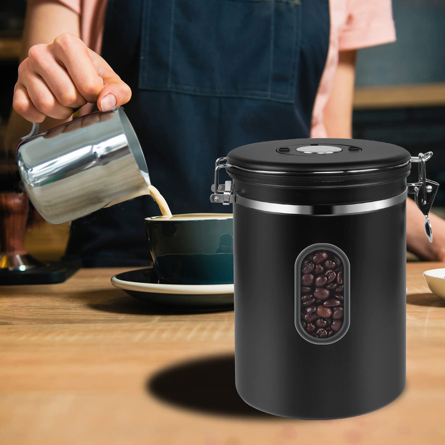 1800ML Airtight Coffee Canister with Date Tracker Transparent Window, 22.8OZ Coffe Beans Storage with 30ML Measure Spoon&4 co2 Valve, Kitchen Food Storage Container for Grounds Coffee,Beans&Tea(Black)