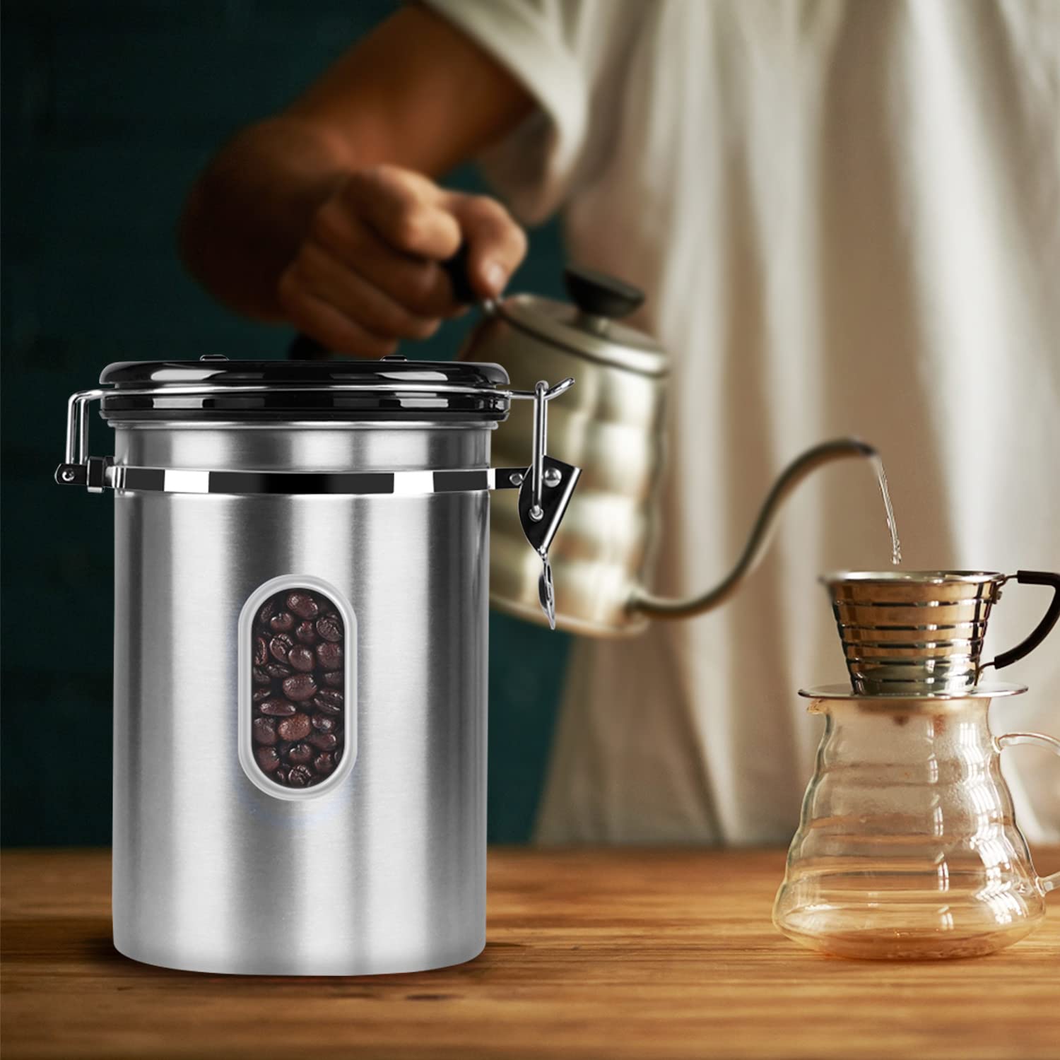 1800ML Airtight Coffee Canister with Date Tracker Transparent Window, 22.8OZ Coffe Beans Storage with 30ML Measure Spoon&4 co2 Valve, Kitchen Food Storage Container for Grounds Coffee,Beans&Tea(Black)