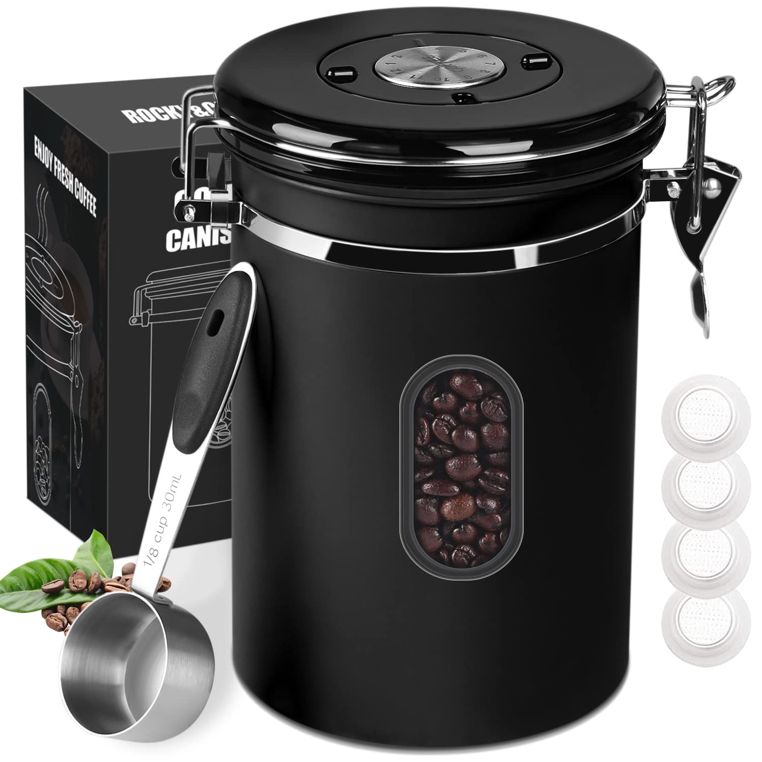 1800ML Airtight Coffee Canister with Date Tracker Transparent Window, 22.8OZ Coffe Beans Storage with 30ML Measure Spoon&4 co2 Valve, Kitchen Food Storage Container for Grounds Coffee,Beans&Tea(Black)