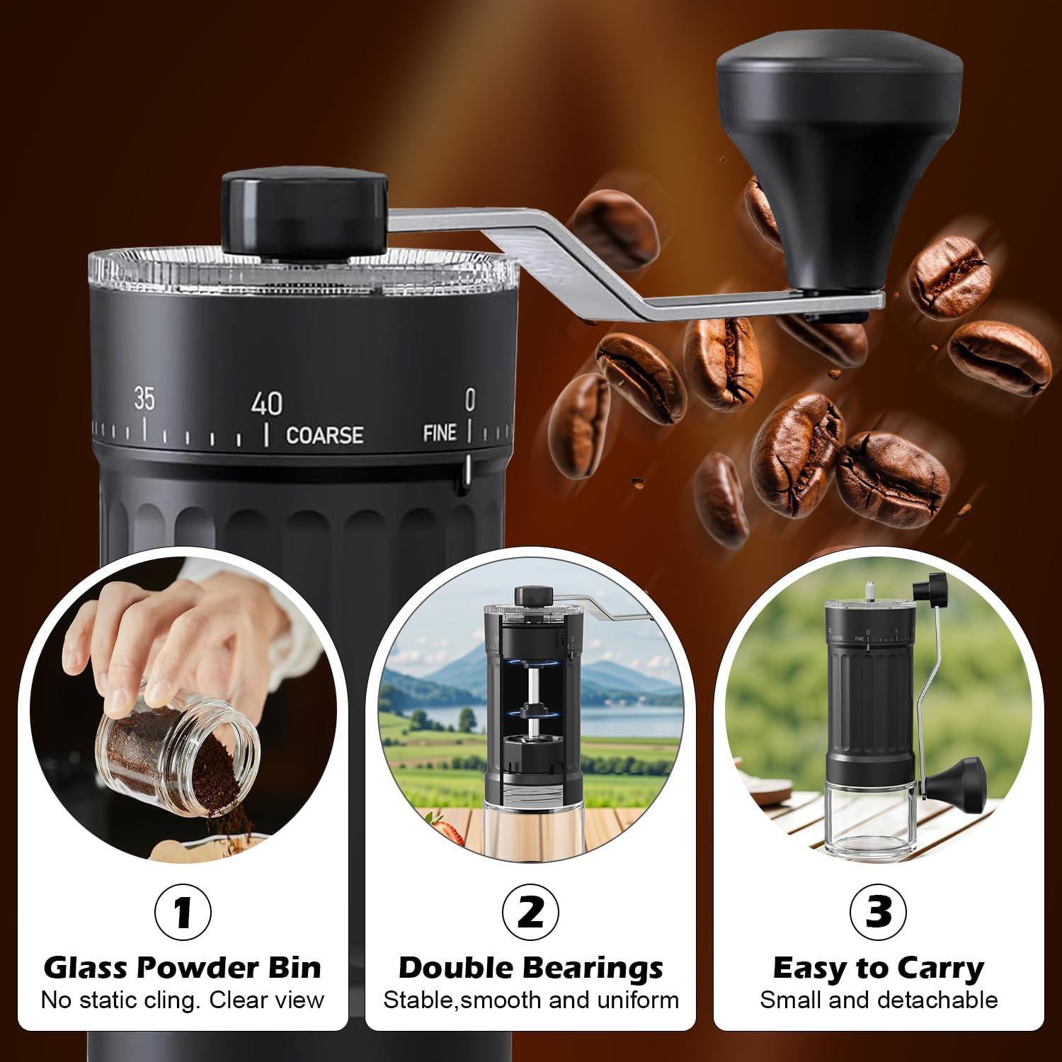Manual Coffee Grinder with 40 Adjustable Settings, with High Precision Ceramic Contemporary Conical Burr, for Aeropress, Espresso, Pour Over, French Press, Moka pots