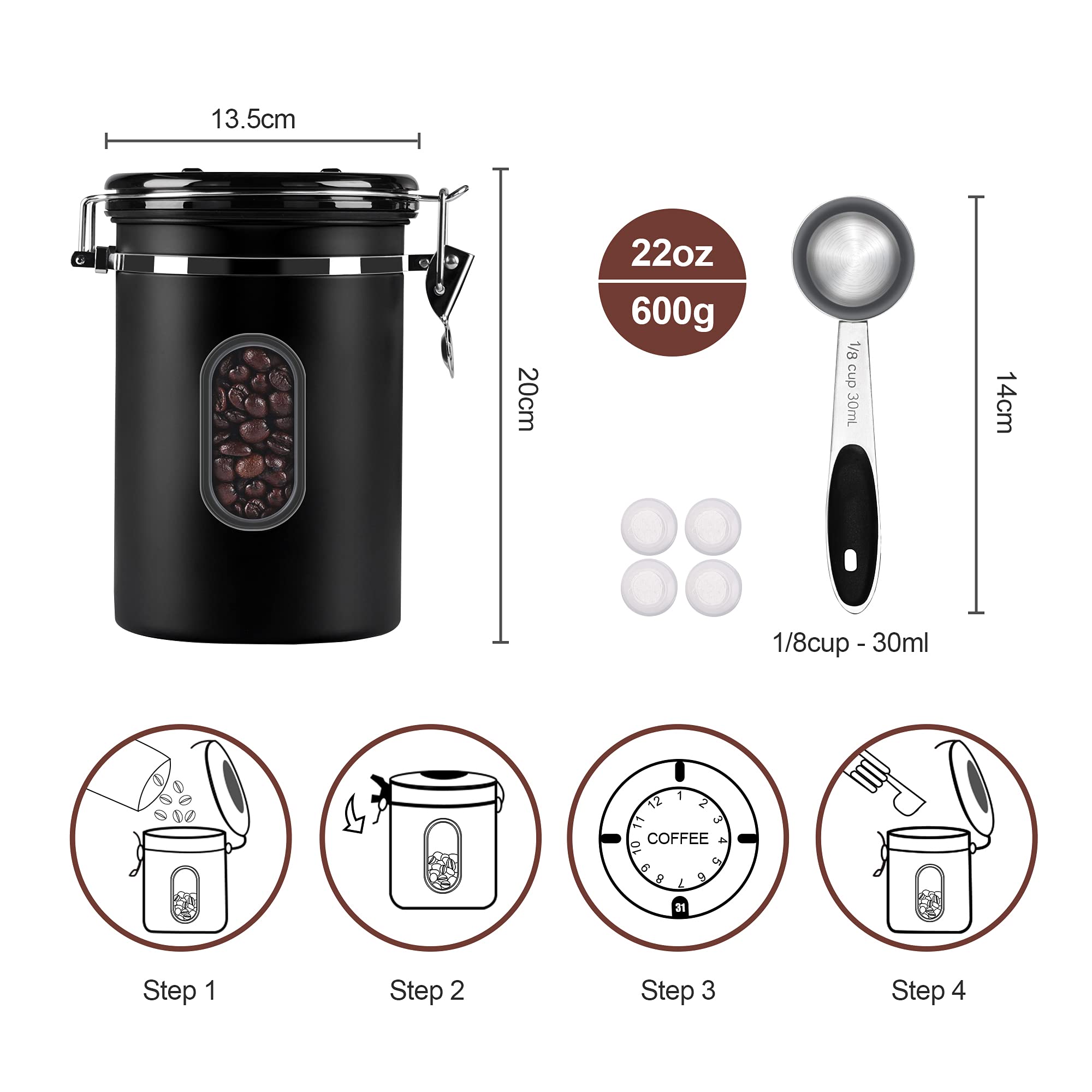 1800ML Airtight Coffee Canister with Date Tracker Transparent Window, 22.8OZ Coffe Beans Storage with 30ML Measure Spoon&4 co2 Valve, Kitchen Food Storage Container for Grounds Coffee,Beans&Tea(Black)