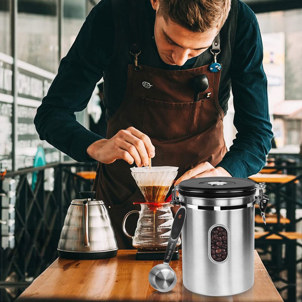 1800ML Airtight Coffee Canister with Date Tracker Transparent Window, 22.8OZ Coffe Beans Storage with 30ML Measure Spoon&4 co2 Valve, Kitchen Food Storage Container for Grounds Coffee,Beans&Tea(Black)