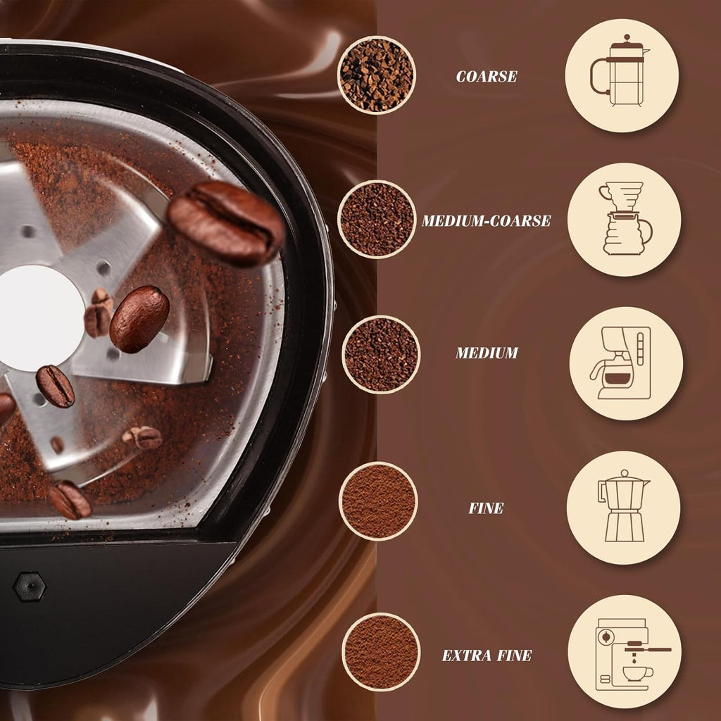 Aigostar Electric Coffee Grinder, Stainless Steel Blade, 200W, 60g Capacity, Cord Storage, Portable & Compact for Coffee Beans, Spice, Nuts, Seeds, Herbs, Black - Breath 30KYI.