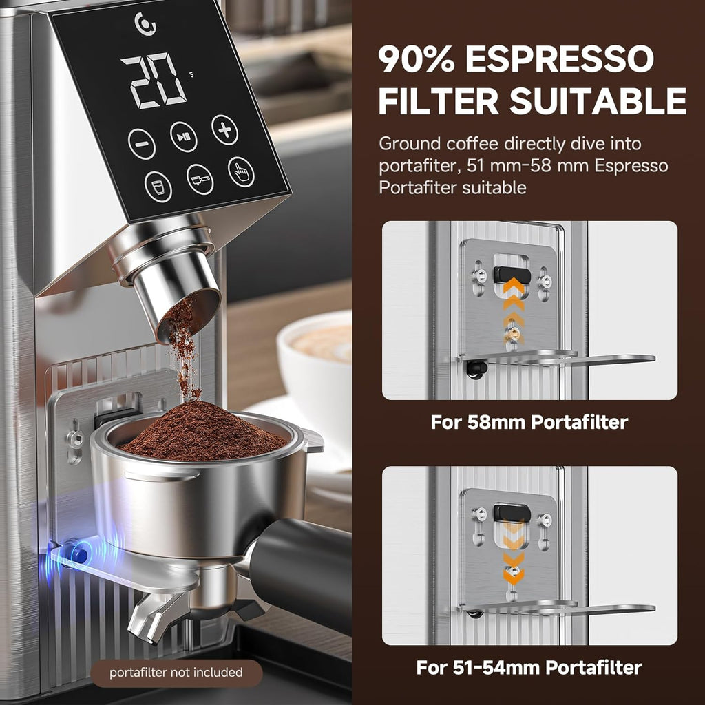 AMZCHEF Electric-Coffee-Grinder, Burr Coffee Grinder with 45 Precise Grind Settings, Adjustable Portafilter Holder & LED Touchscreen - Anti-Static, Memory Function, Easy Clean