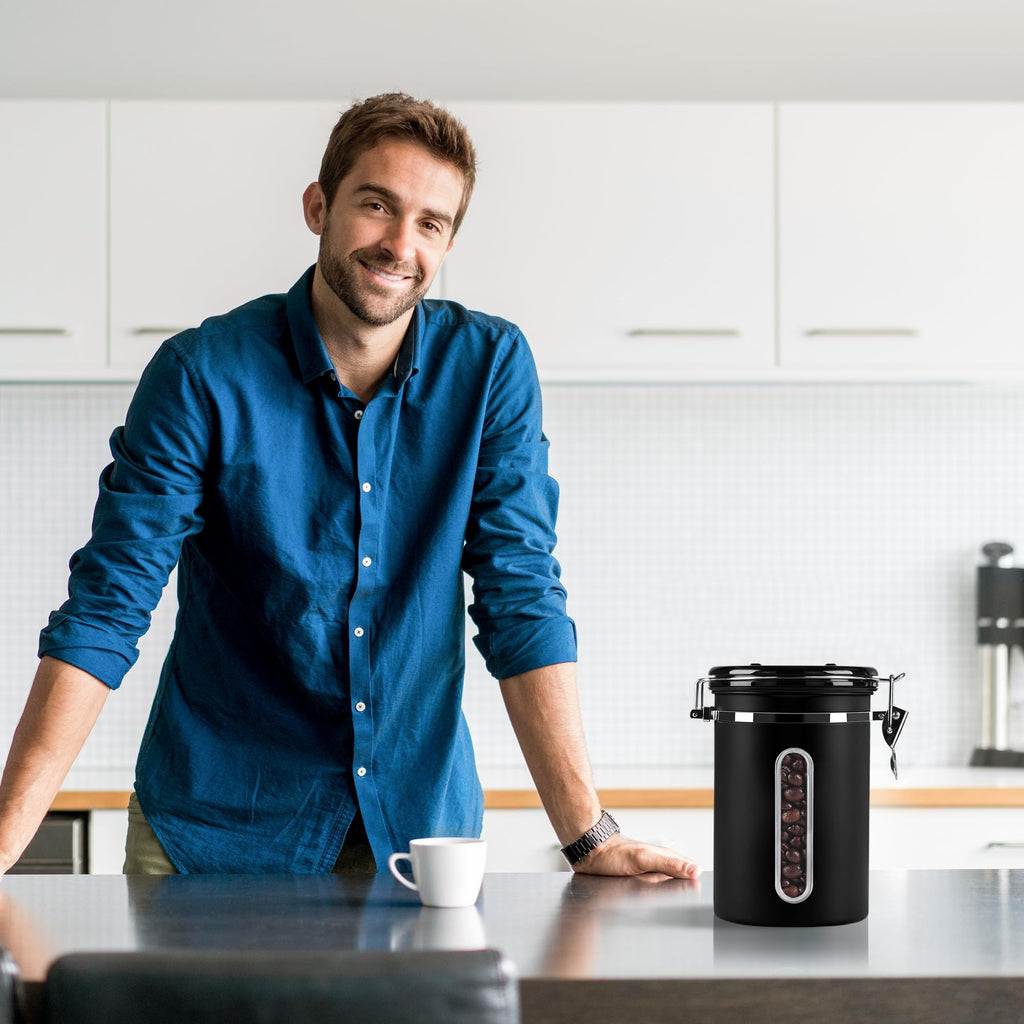 1800ML Airtight Coffee Canister with Date Tracker Transparent Window, 22.8OZ Coffe Beans Storage with 30ML Measure Spoon&4 co2 Valve, Kitchen Food Storage Container for Grounds Coffee,Beans&Tea(Black)