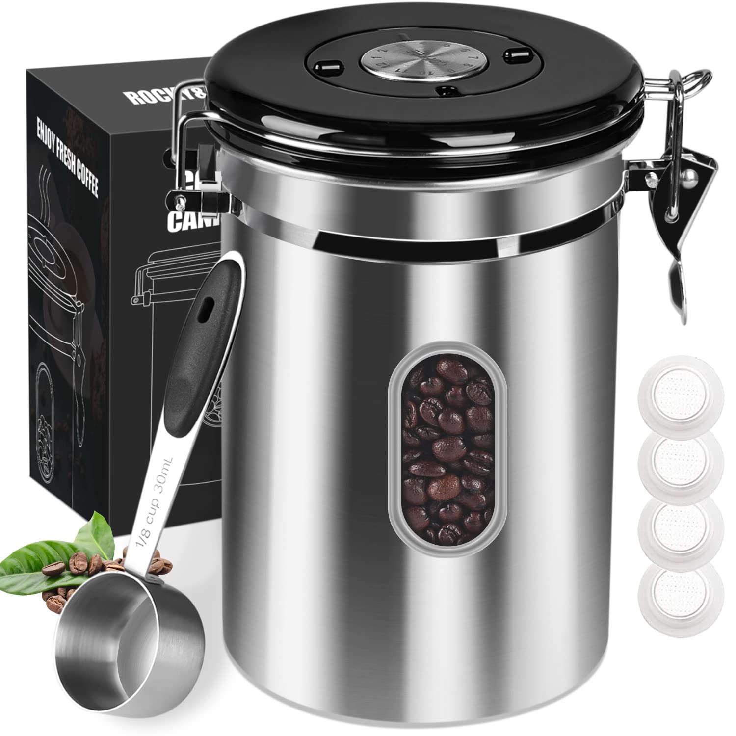 1800ML Airtight Coffee Canister with Date Tracker Transparent Window, 22.8OZ Coffe Beans Storage with 30ML Measure Spoon&4 co2 Valve, Kitchen Food Storage Container for Grounds Coffee,Beans&Tea(Black)