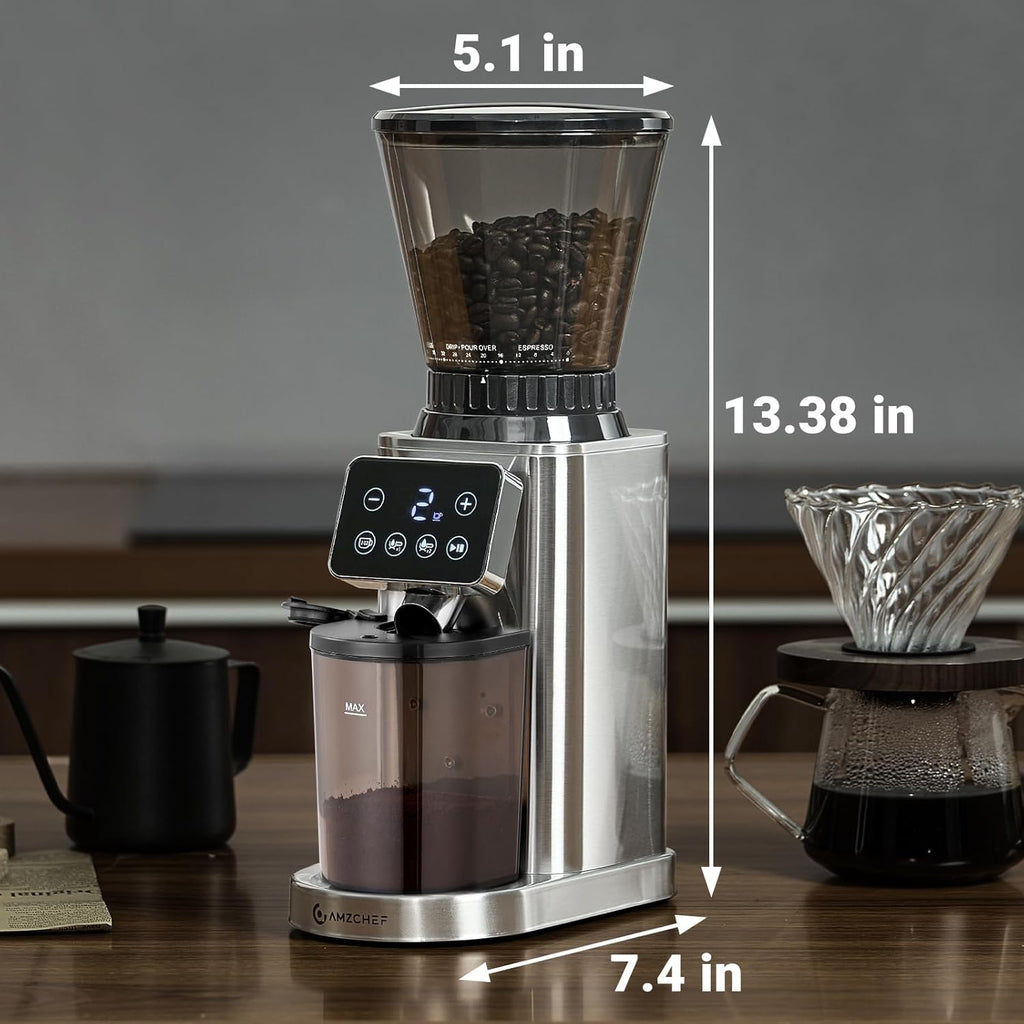 AMZCHEF Electric-Coffee-Grinder, Burr Coffee Grinder with 45 Precise Grind Settings, Adjustable Portafilter Holder & LED Touchscreen - Anti-Static, Memory Function, Easy Clean