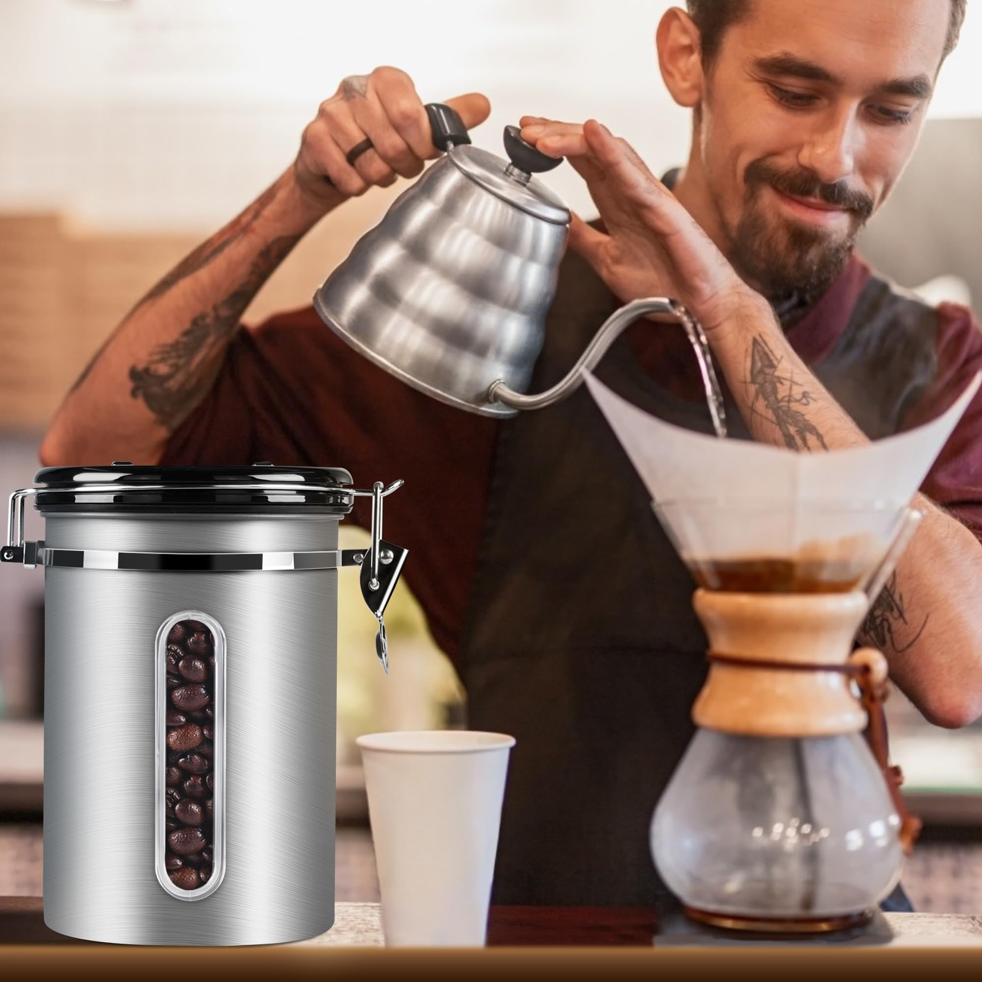 1800ML Airtight Coffee Canister with Date Tracker Transparent Window, 22.8OZ Coffe Beans Storage with 30ML Measure Spoon&4 co2 Valve, Kitchen Food Storage Container for Grounds Coffee,Beans&Tea(Black)