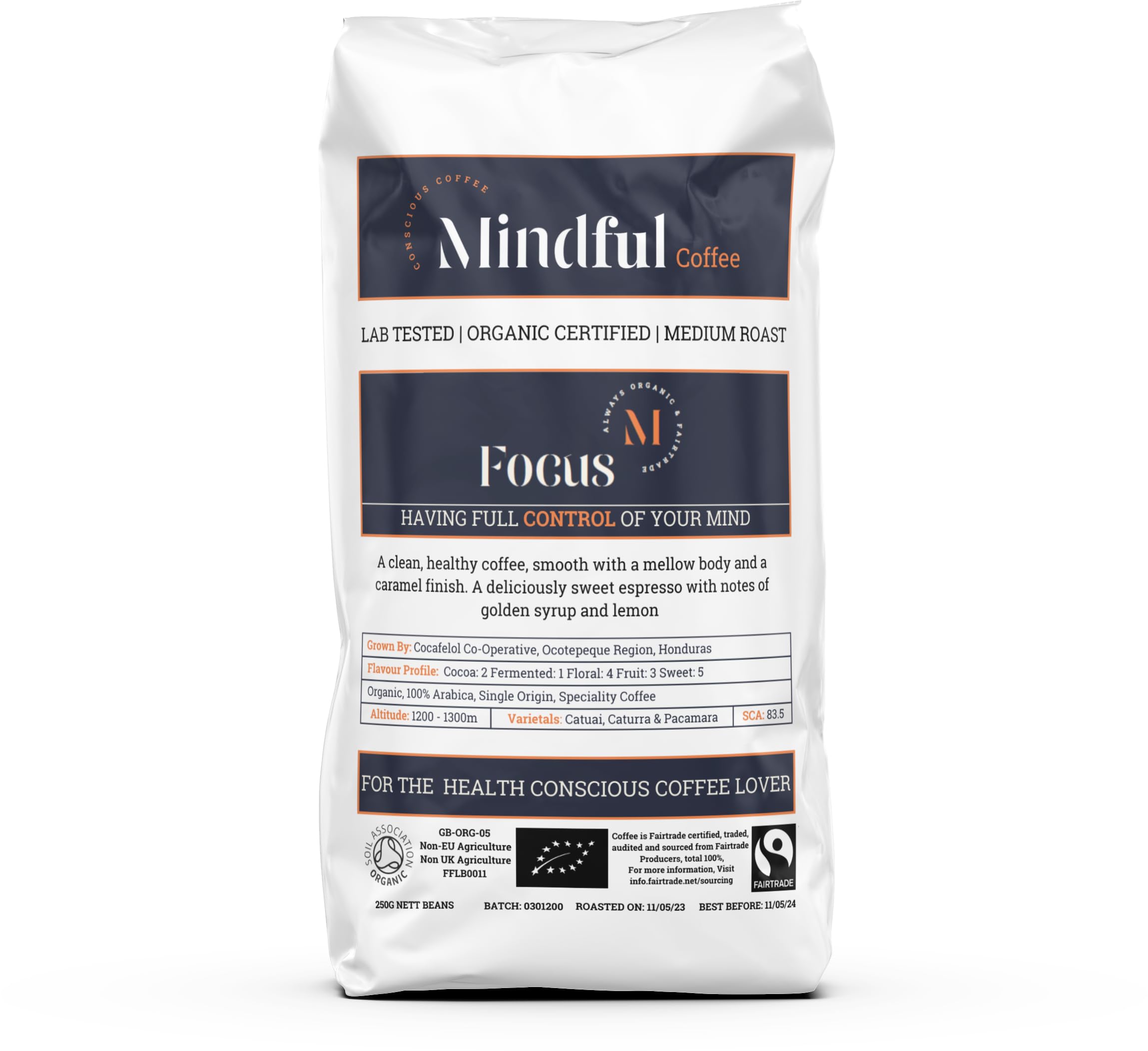 Mindful Coffee - Focus 1kg| Organic Clean Coffee Beans | Lab Tested - Mycotoxin Free| Freshly Roasted |Single Origin Speciality|Whole Beans