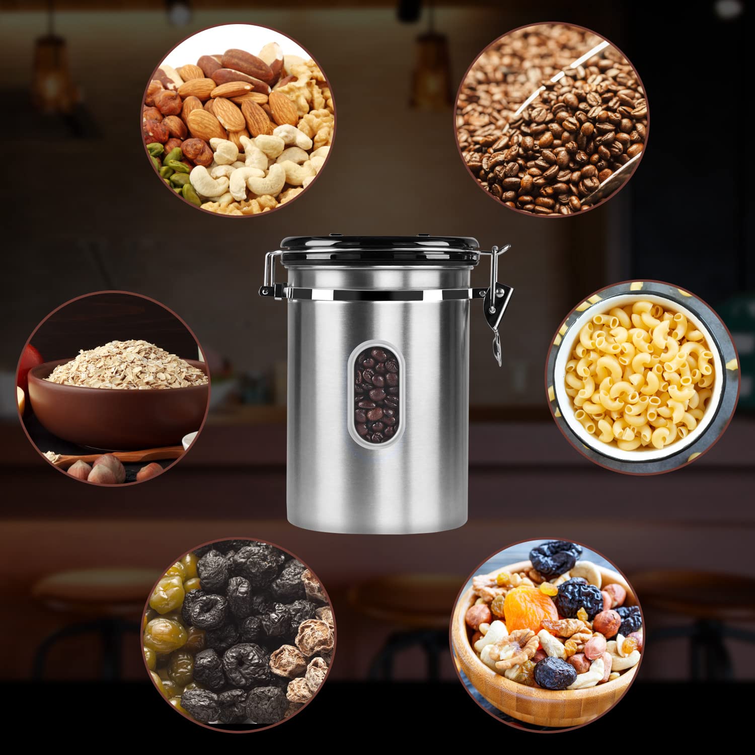 1800ML Airtight Coffee Canister with Date Tracker Transparent Window, 22.8OZ Coffe Beans Storage with 30ML Measure Spoon&4 co2 Valve, Kitchen Food Storage Container for Grounds Coffee,Beans&Tea(Black)