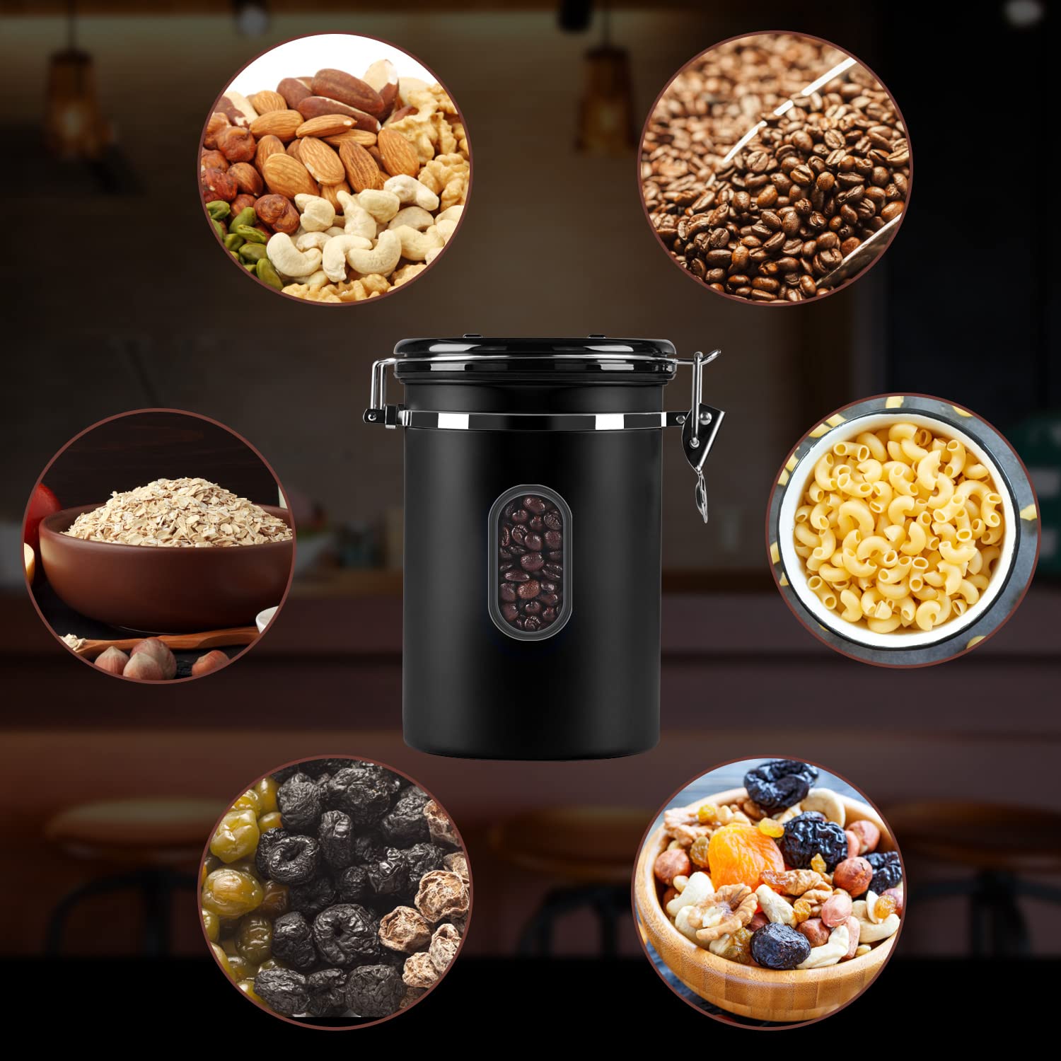 1800ML Airtight Coffee Canister with Date Tracker Transparent Window, 22.8OZ Coffe Beans Storage with 30ML Measure Spoon&4 co2 Valve, Kitchen Food Storage Container for Grounds Coffee,Beans&Tea(Black)