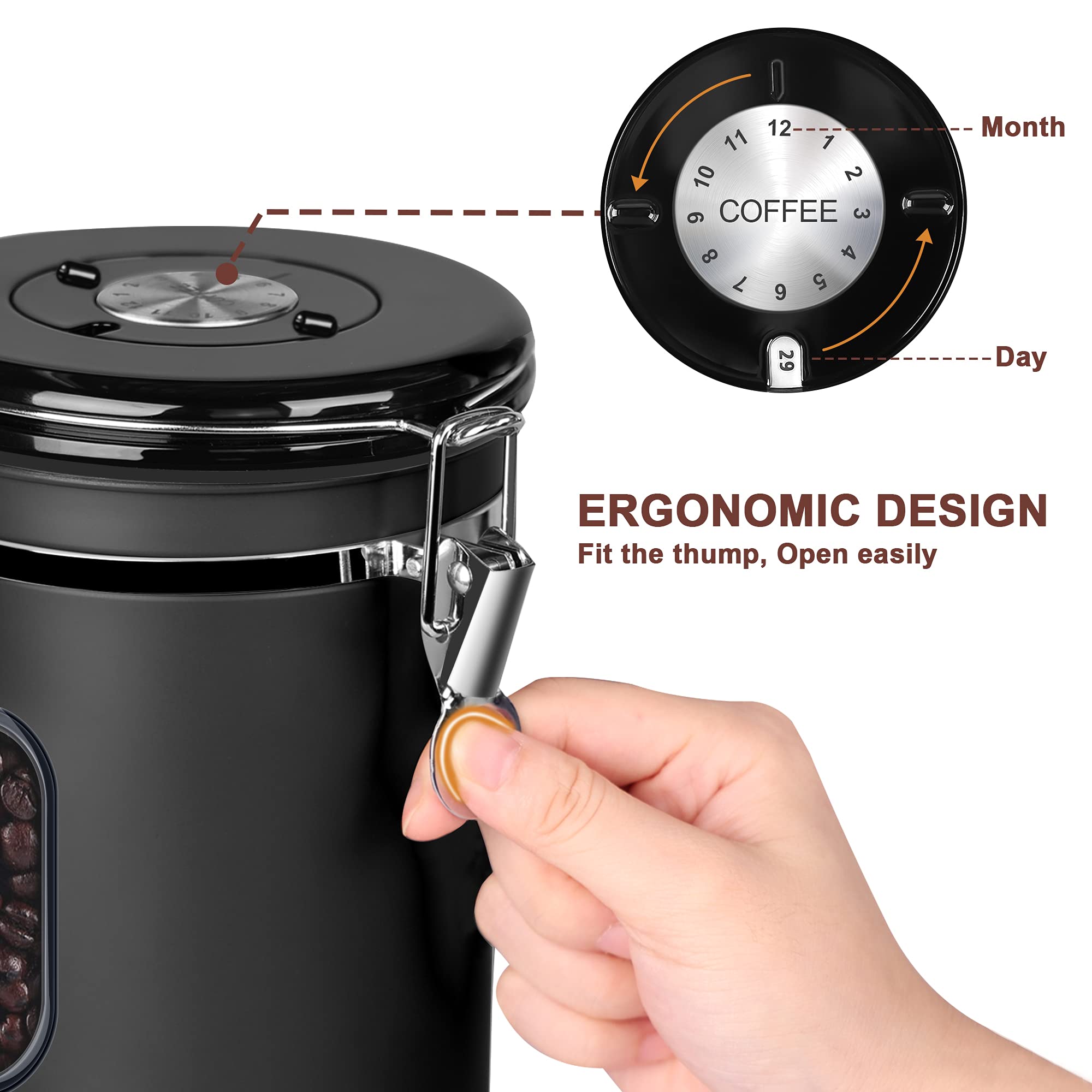 1800ML Airtight Coffee Canister with Date Tracker Transparent Window, 22.8OZ Coffe Beans Storage with 30ML Measure Spoon&4 co2 Valve, Kitchen Food Storage Container for Grounds Coffee,Beans&Tea(Black)