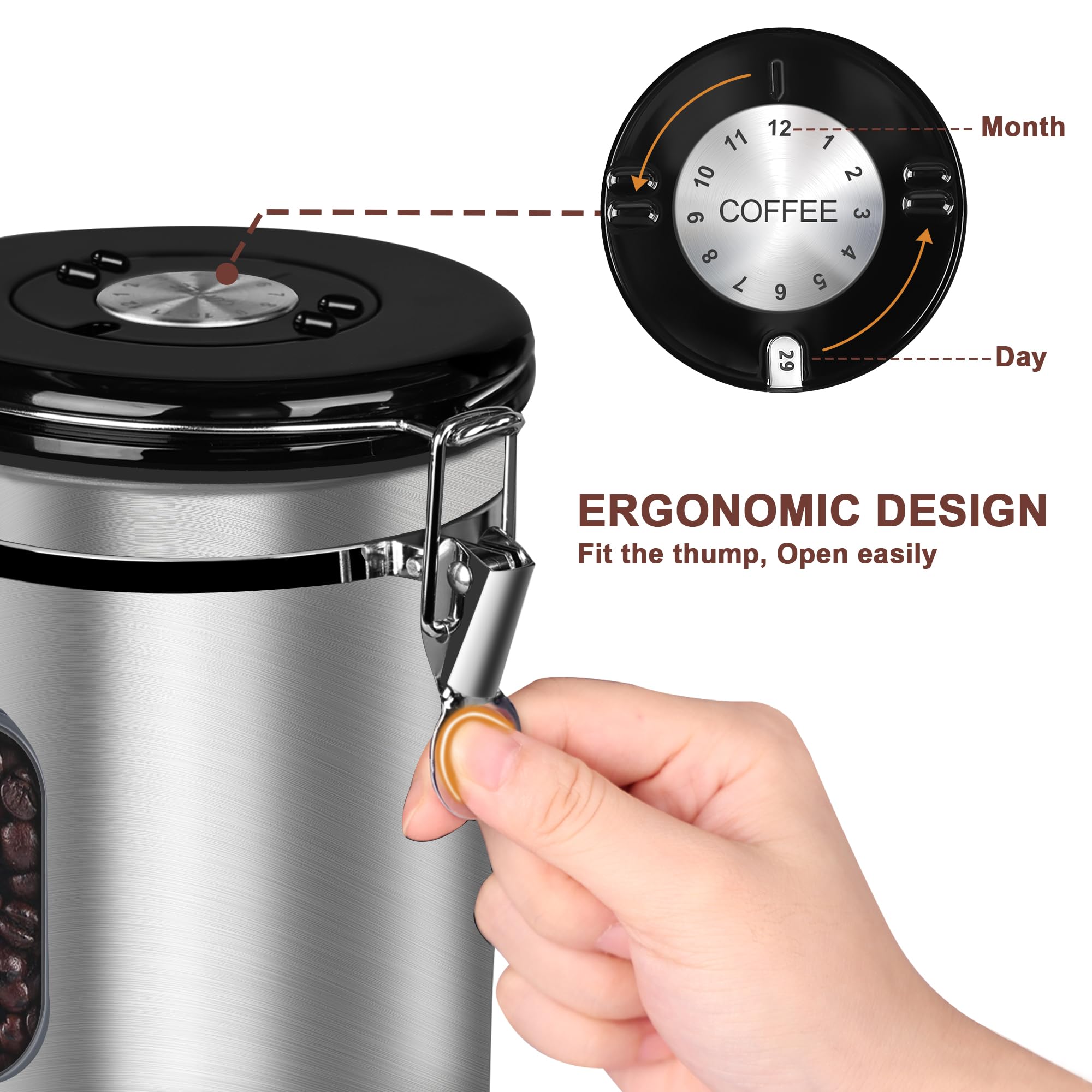 1800ML Airtight Coffee Canister with Date Tracker Transparent Window, 22.8OZ Coffe Beans Storage with 30ML Measure Spoon&4 co2 Valve, Kitchen Food Storage Container for Grounds Coffee,Beans&Tea(Black)