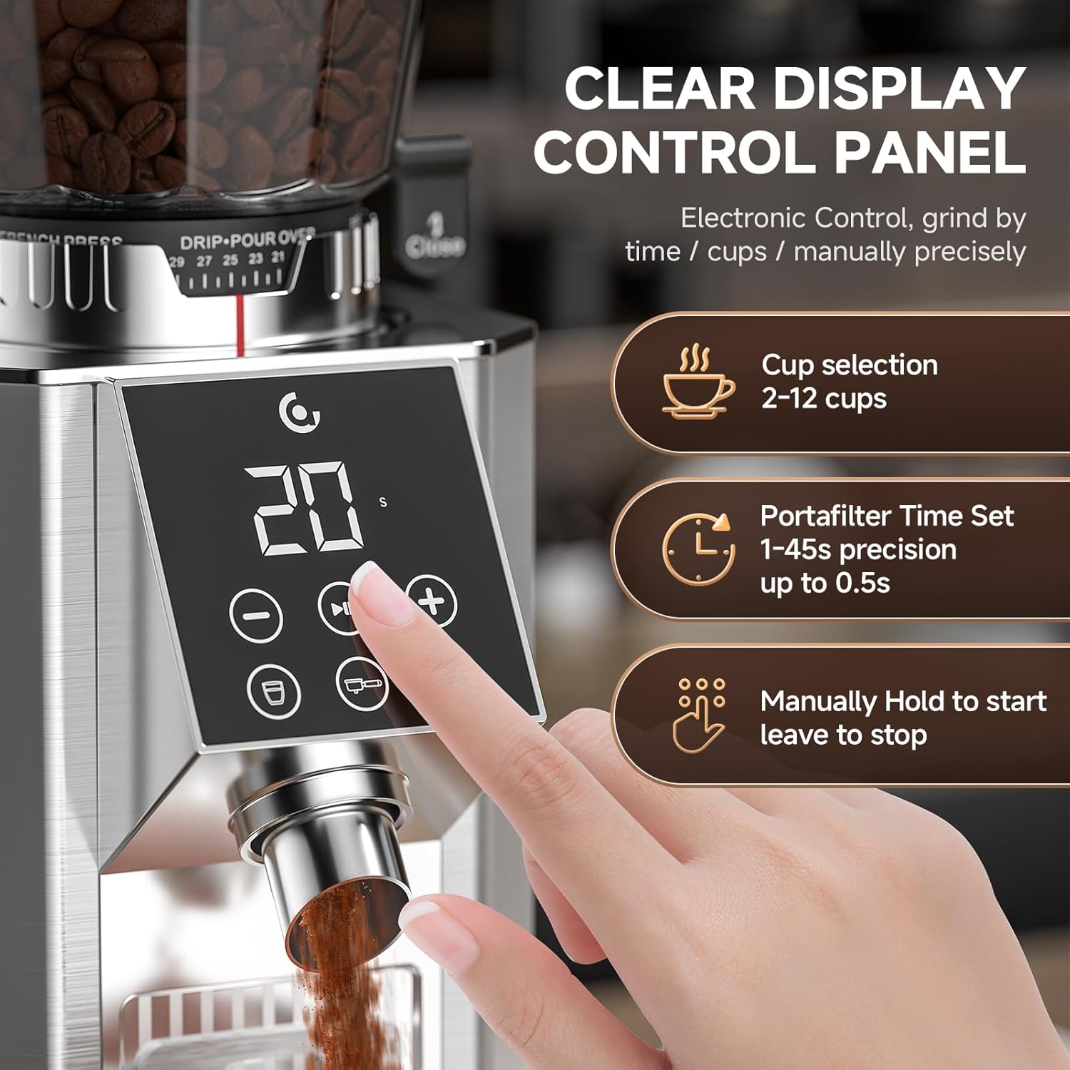 AMZCHEF Electric-Coffee-Grinder, Burr Coffee Grinder with 45 Precise Grind Settings, Adjustable Portafilter Holder & LED Touchscreen - Anti-Static, Memory Function, Easy Clean