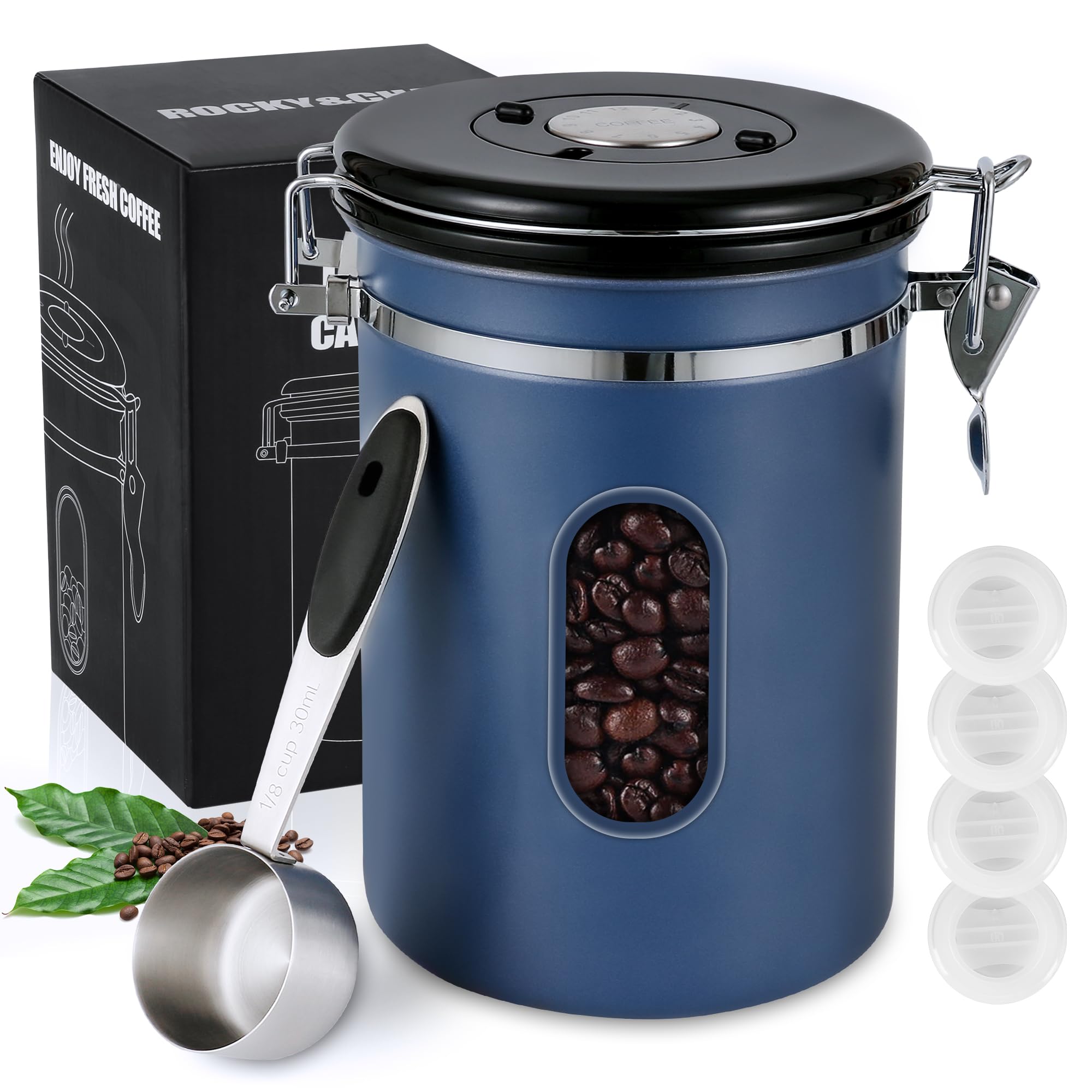 1800ML Airtight Coffee Canister with Date Tracker Transparent Window, 22.8OZ Coffe Beans Storage with 30ML Measure Spoon&4 co2 Valve, Kitchen Food Storage Container for Grounds Coffee,Beans&Tea(Black)
