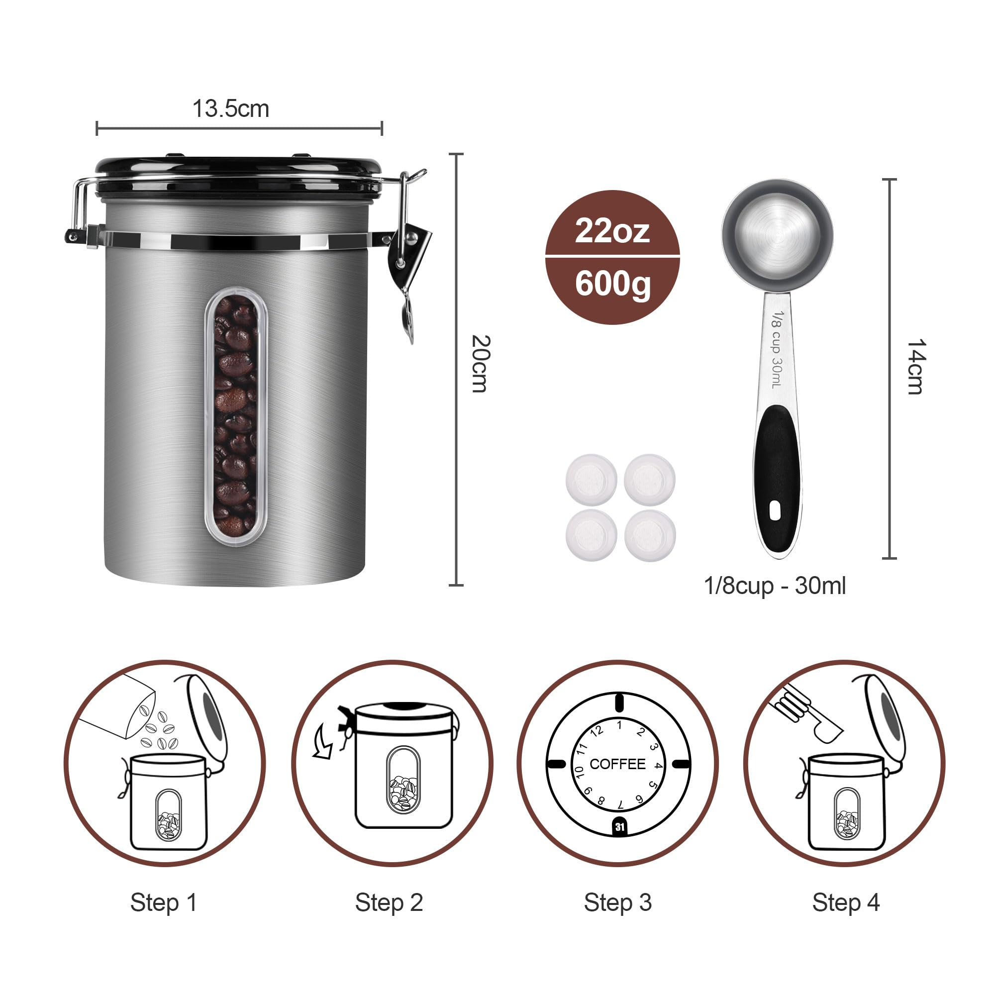 1800ML Airtight Coffee Canister with Date Tracker Transparent Window, 22.8OZ Coffe Beans Storage with 30ML Measure Spoon&4 co2 Valve, Kitchen Food Storage Container for Grounds Coffee,Beans&Tea(Black)