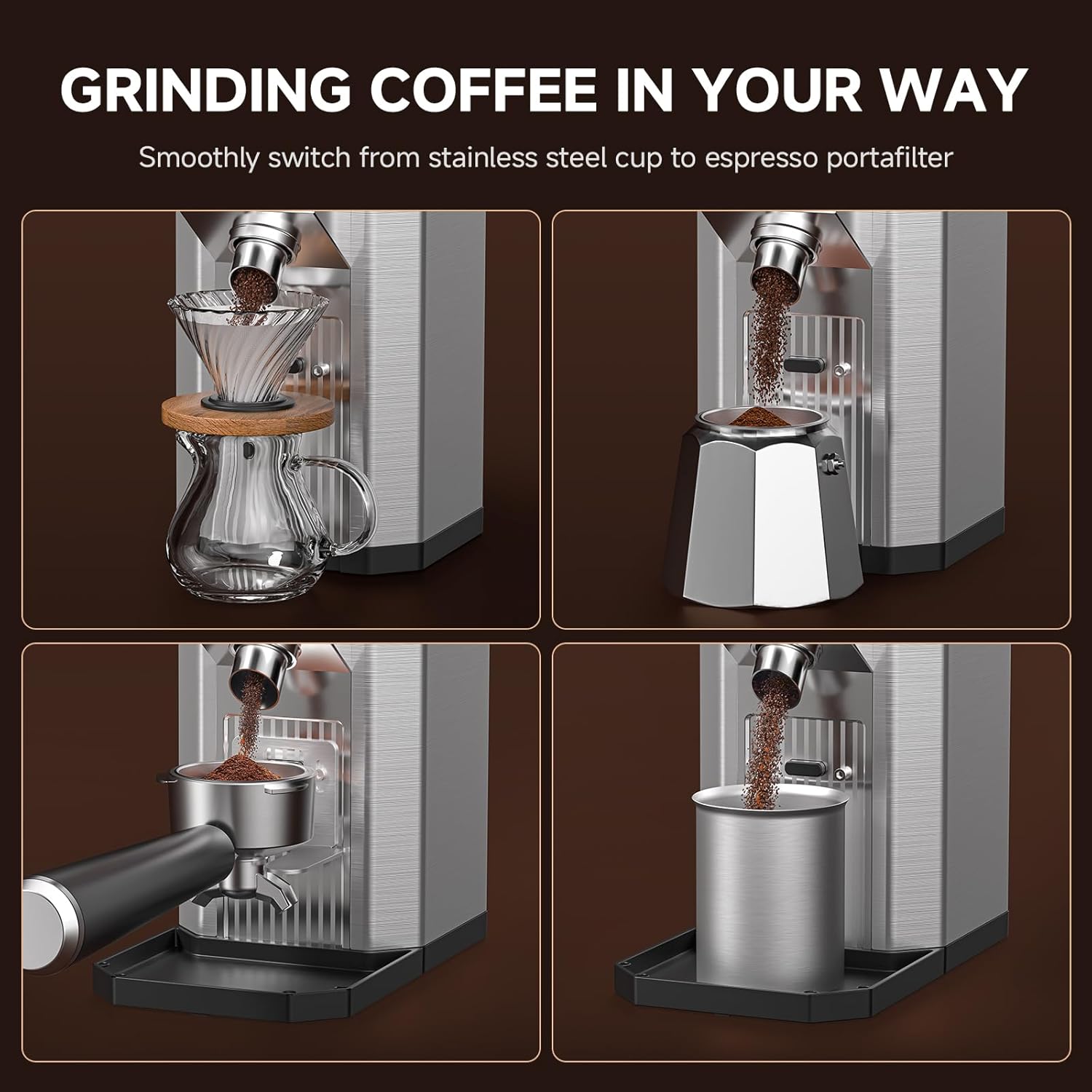 AMZCHEF Electric-Coffee-Grinder, Burr Coffee Grinder with 45 Precise Grind Settings, Adjustable Portafilter Holder & LED Touchscreen - Anti-Static, Memory Function, Easy Clean