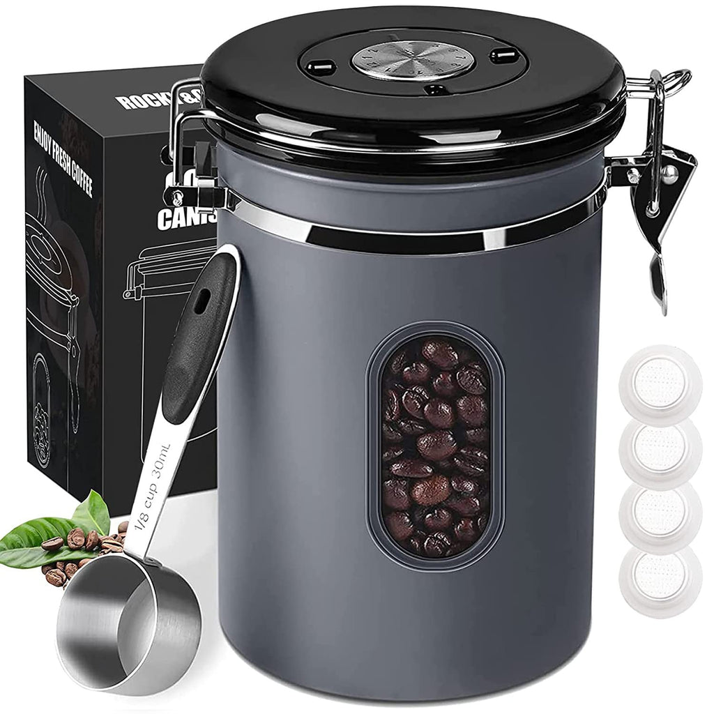 1800ML Airtight Coffee Canister with Date Tracker Transparent Window, 22.8OZ Coffe Beans Storage with 30ML Measure Spoon&4 co2 Valve, Kitchen Food Storage Container for Grounds Coffee,Beans&Tea(Black)