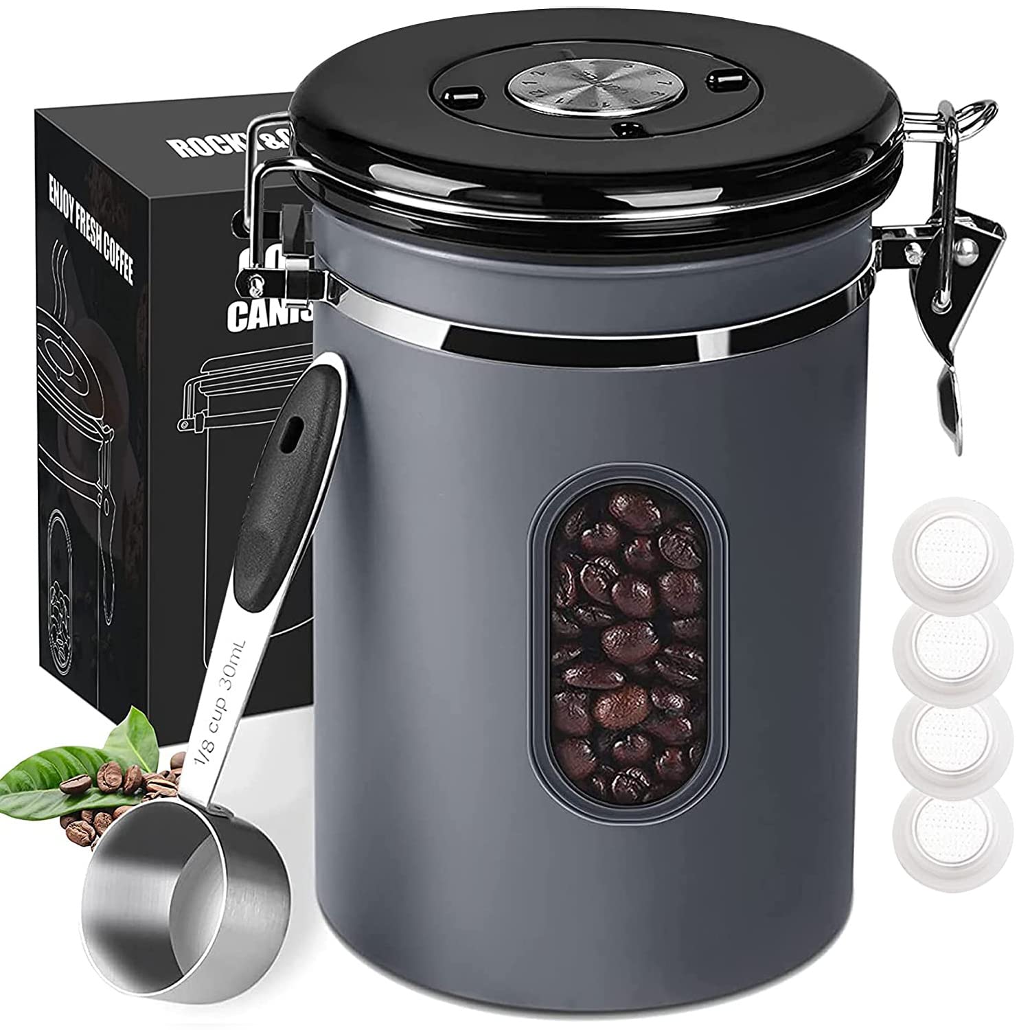 1800ML Airtight Coffee Canister with Date Tracker Transparent Window, 22.8OZ Coffe Beans Storage with 30ML Measure Spoon&4 co2 Valve, Kitchen Food Storage Container for Grounds Coffee,Beans&Tea(Black)
