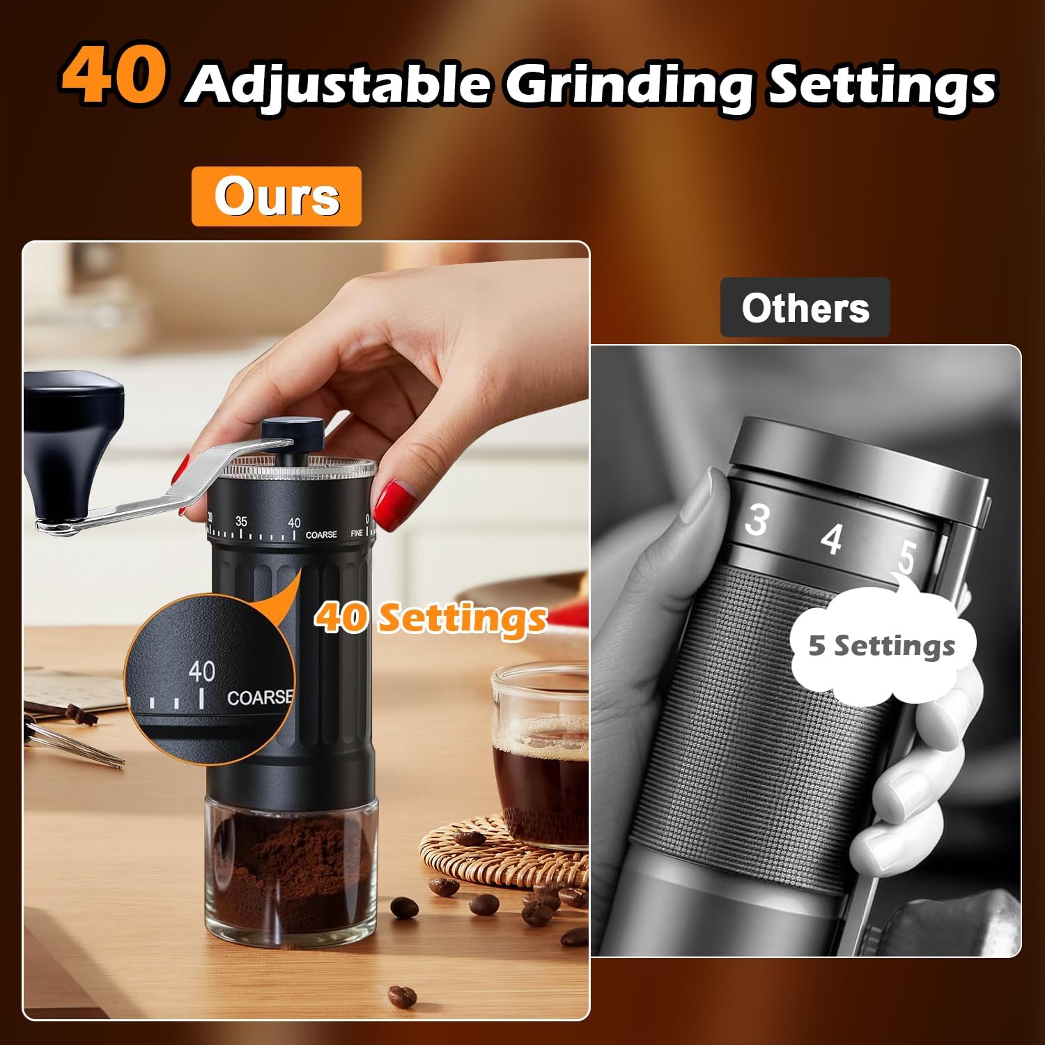 Manual Coffee Grinder with 40 Adjustable Settings, with High Precision Ceramic Contemporary Conical Burr, for Aeropress, Espresso, Pour Over, French Press, Moka pots