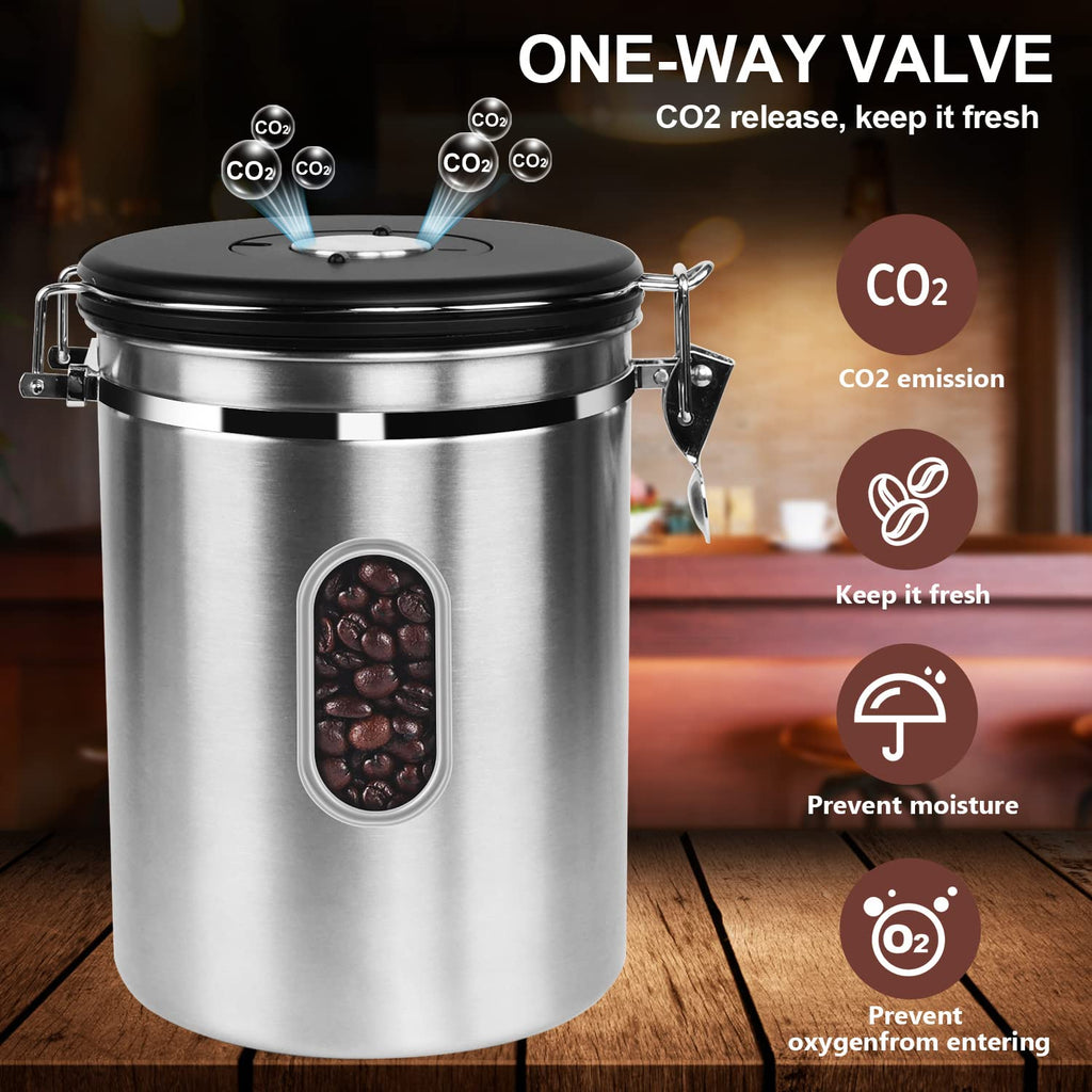 1800ML Airtight Coffee Canister with Date Tracker Transparent Window, 22.8OZ Coffe Beans Storage with 30ML Measure Spoon&4 co2 Valve, Kitchen Food Storage Container for Grounds Coffee,Beans&Tea(Black)